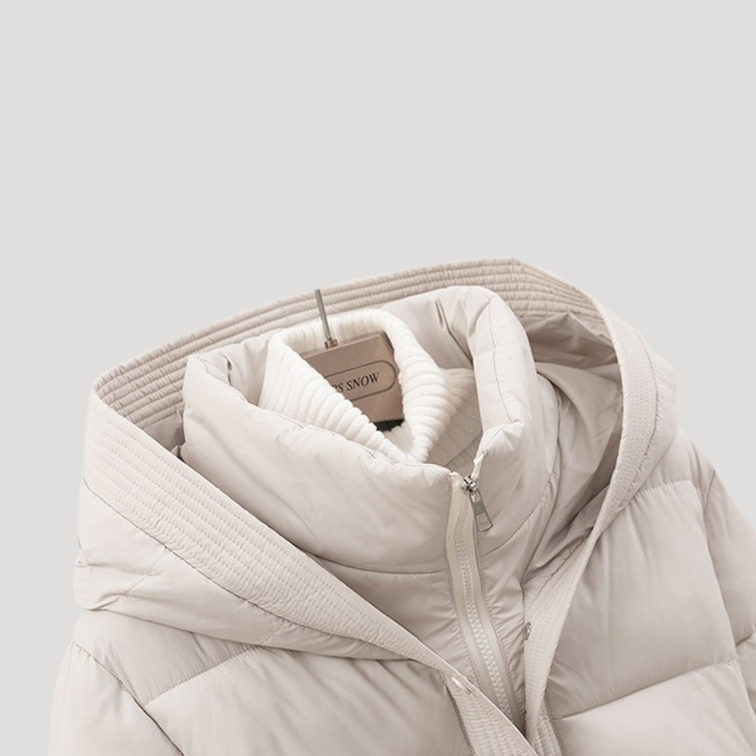 Damen Winter Steppjacke – Taillierte Kapuzenjacke mit Bindegürtel