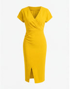 Damen Midikleid – Elegante V-Ausschnitt Silhouette mit Frontschlitz