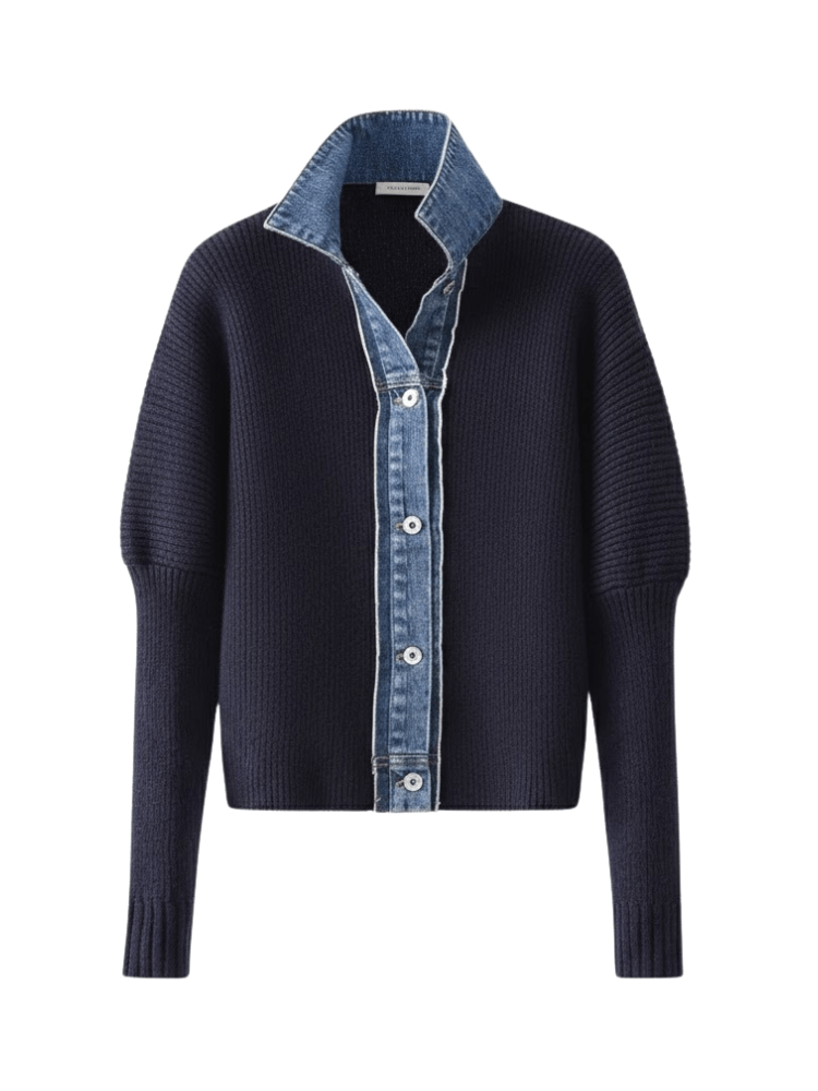 Damen Strickpullover – Navy Pullover mit Denim-Kragen