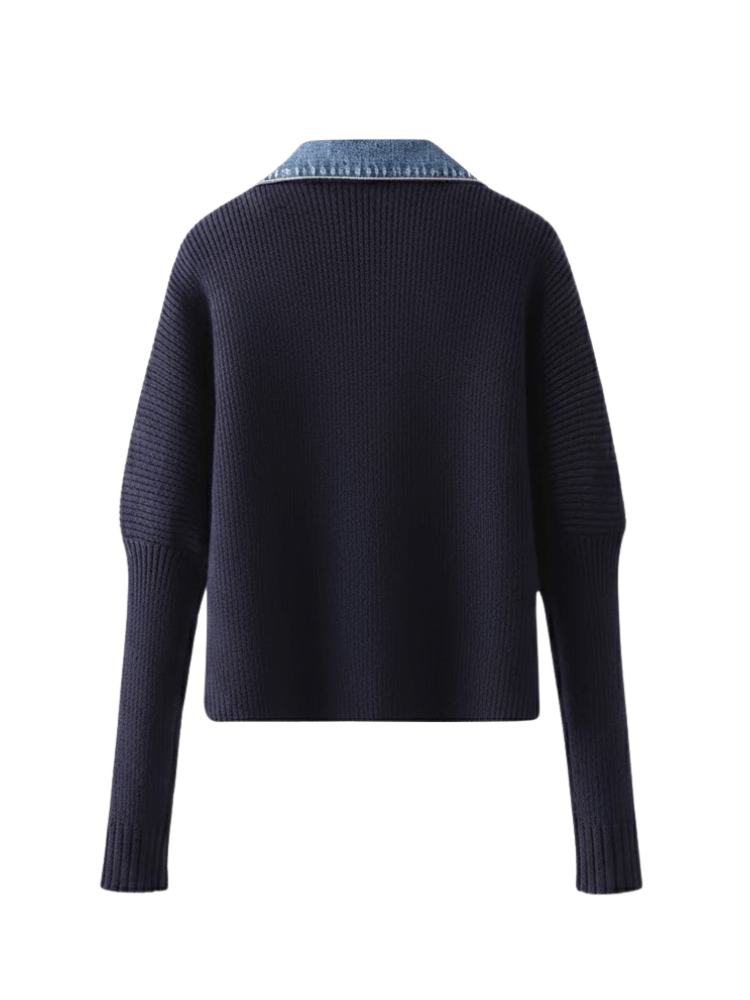 Damen Strickpullover – Navy Pullover mit Denim-Kragen