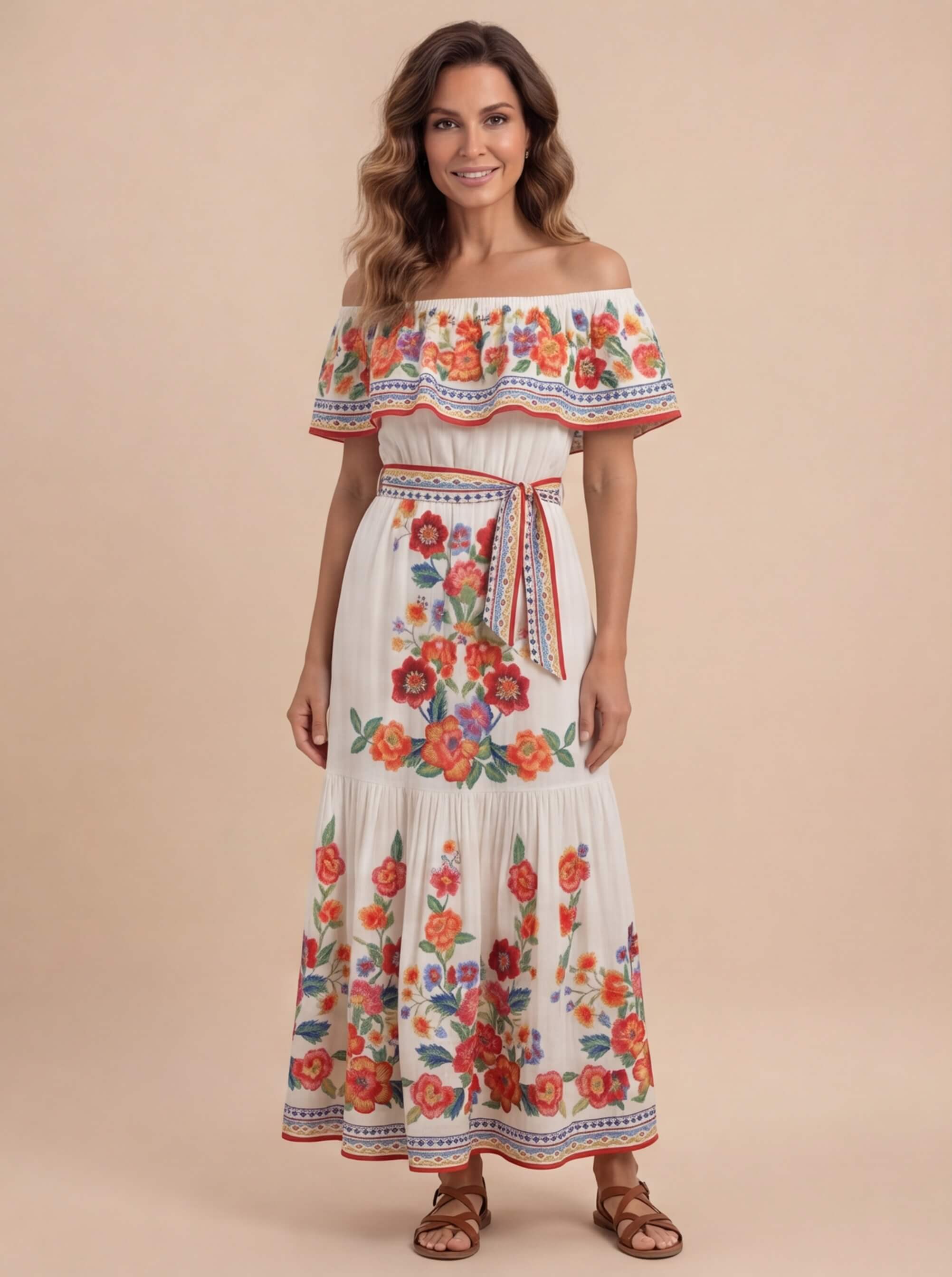 Damen Off-Shoulder Maxikleid mit Blumenmuster