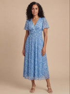Damen Kleid – Florales Maxikleid mit V-Ausschnitt und Kurzen Ärmeln