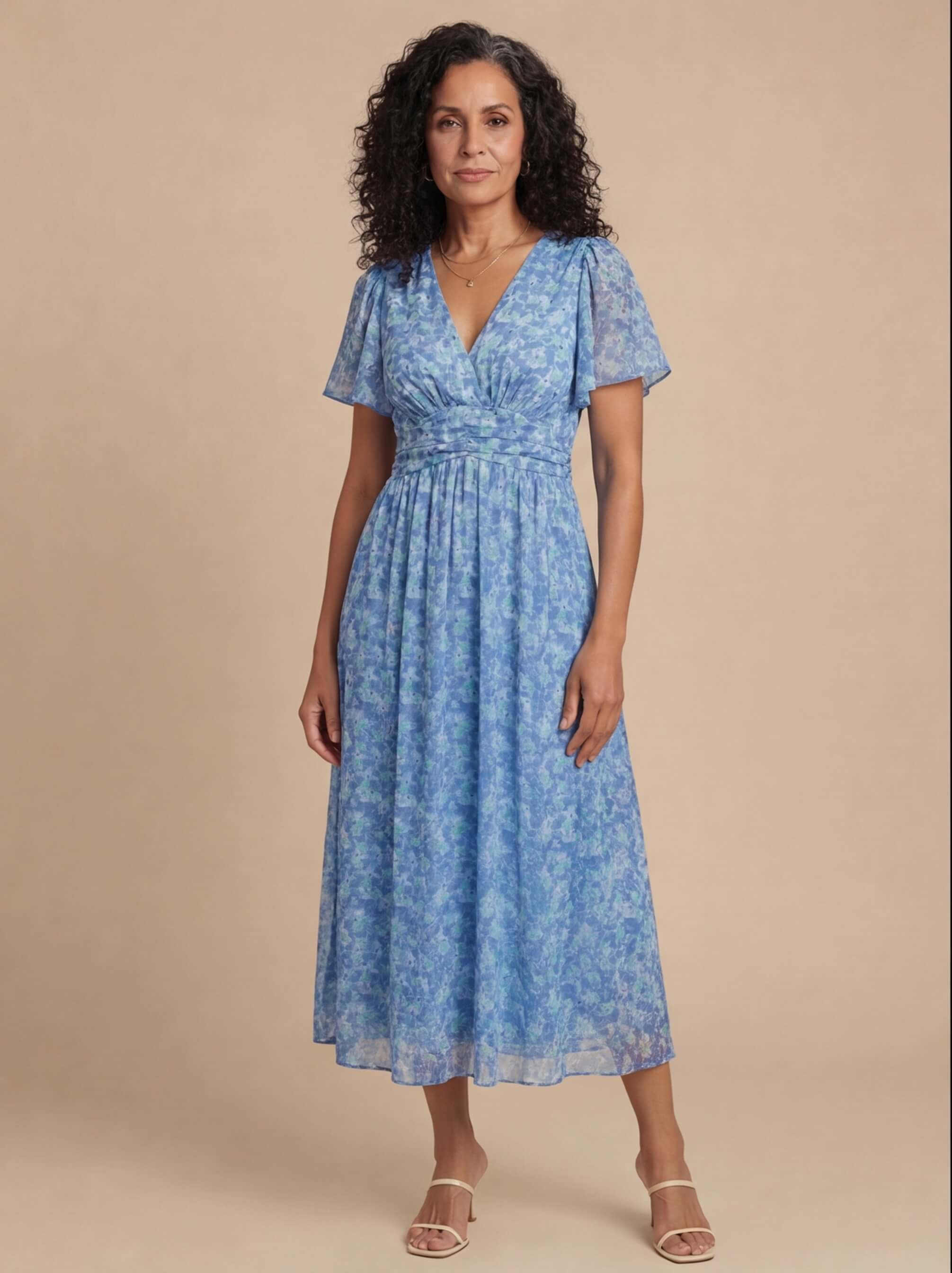 Vestido para mujer – Vestido maxi floral con escote en V y mangas cortas