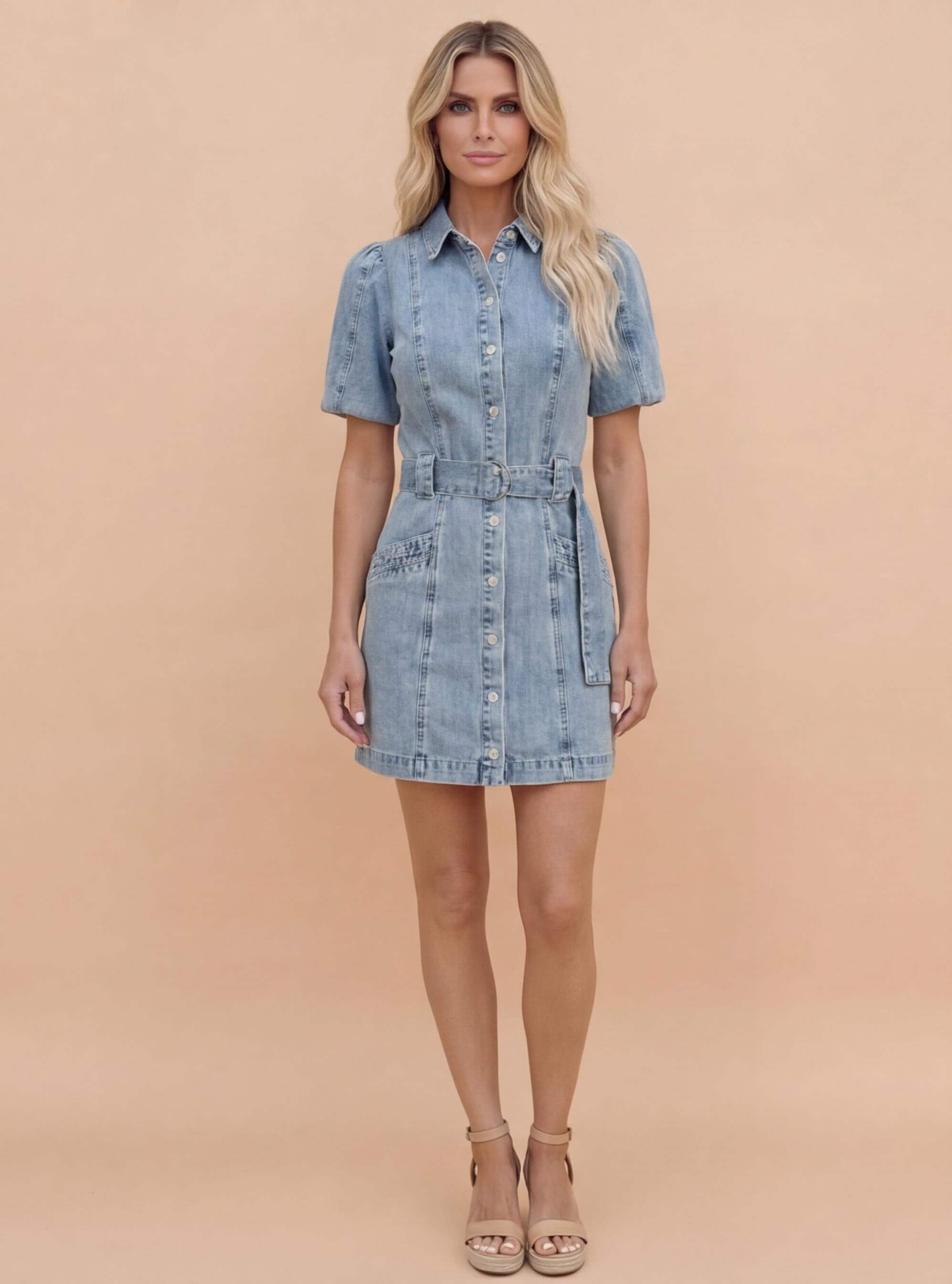 Vestido mini de mezclilla para mujer con cinturón