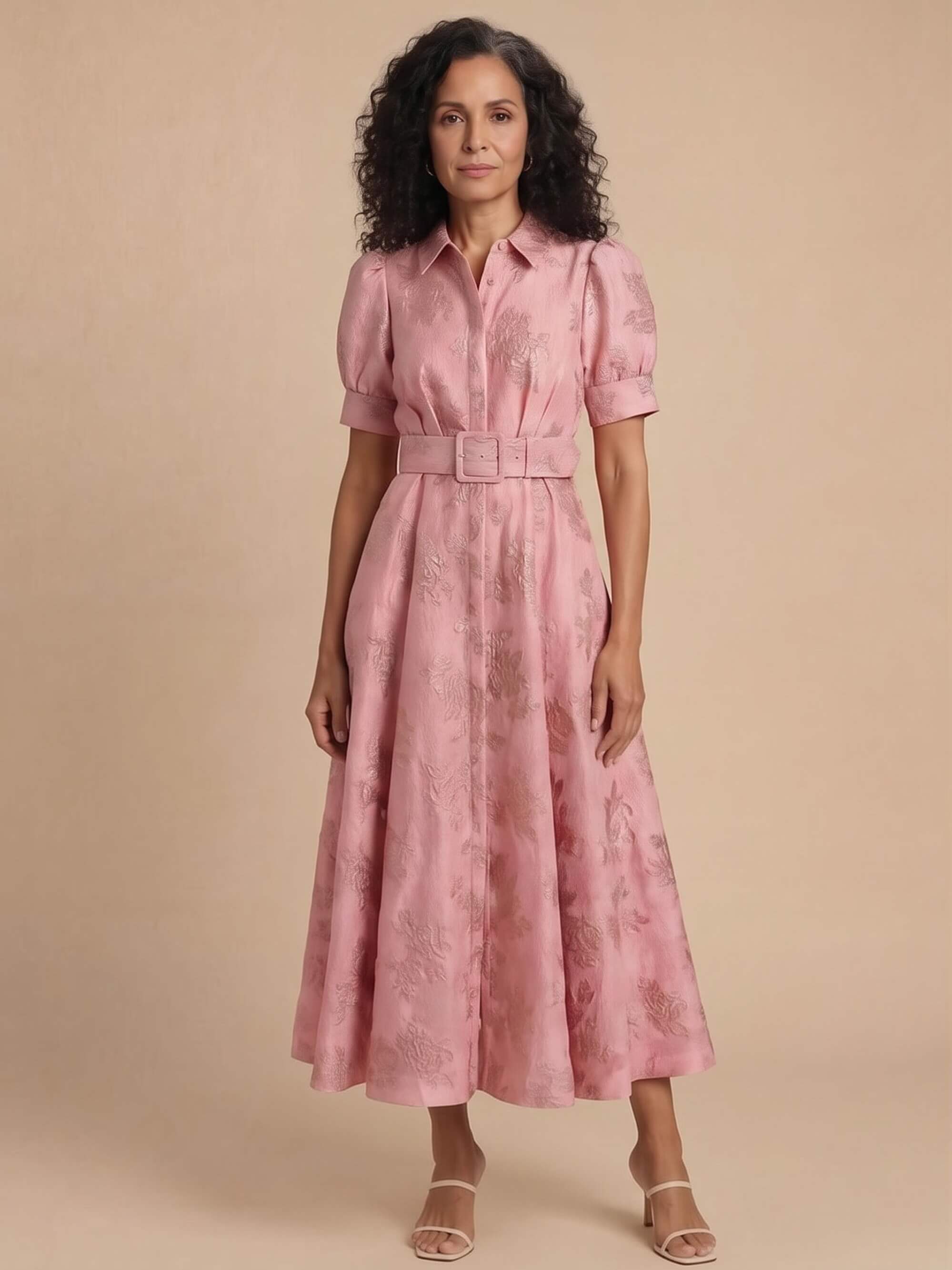 Damen-Maxi-Hemdkleid mit Gürtel und Puffärmeln
