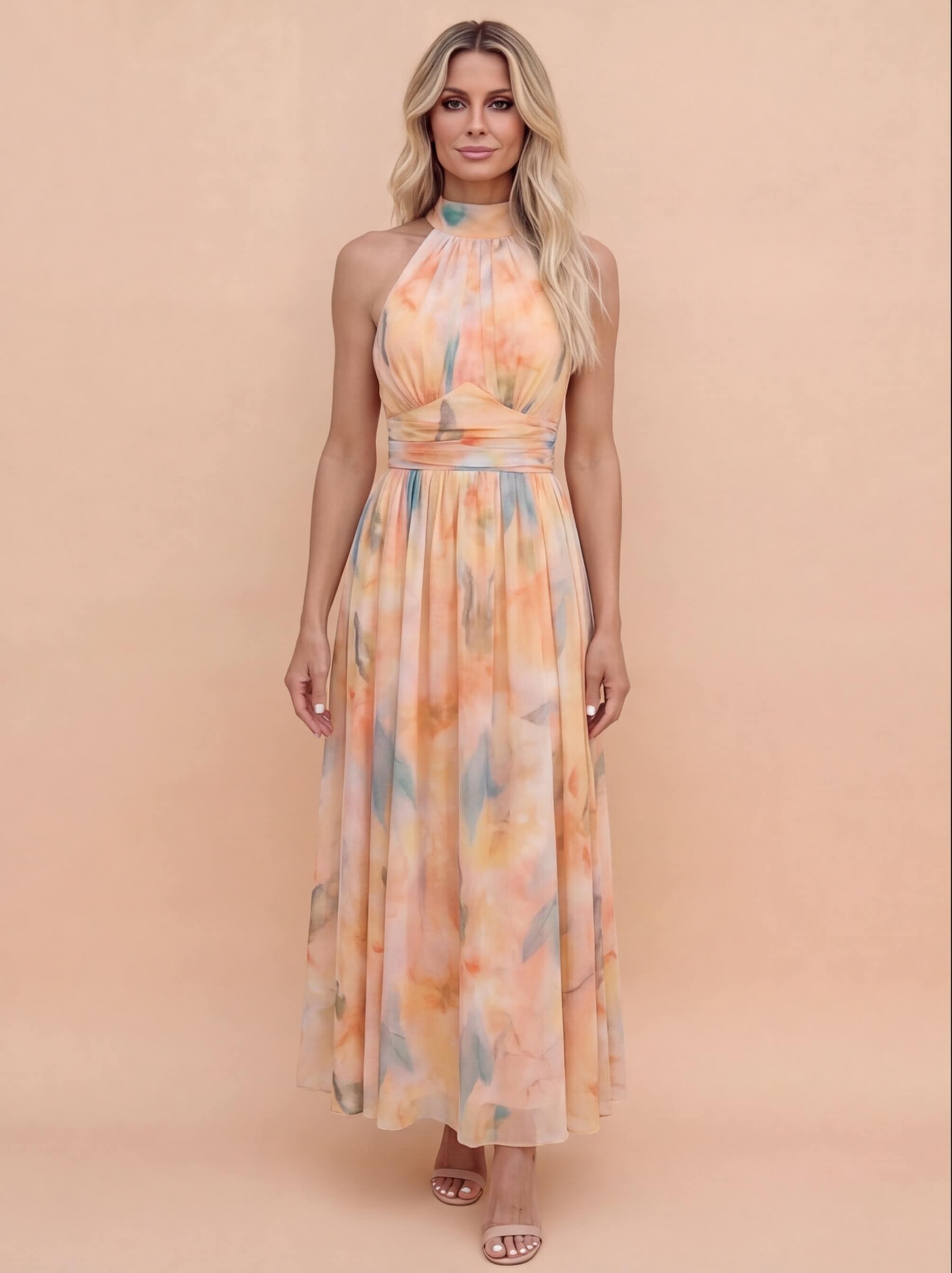 Vestido maxi elegante halter para mujer – Diseño fluido de acuarela