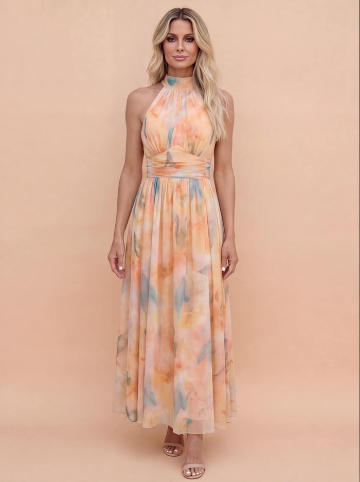 Damen Elegantes Halter Maxikleid – Fließendes Aquarell-Design