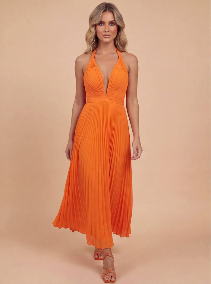 Elegantes Halterneck Plissée Maxikleid