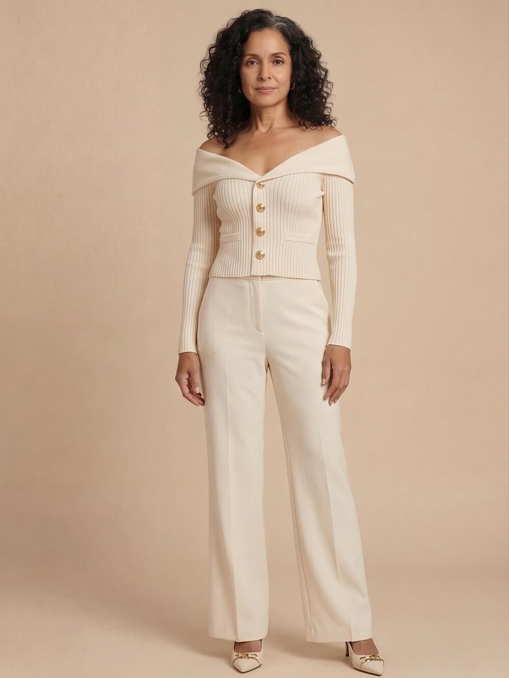 Eleganter Damen Off-Shoulder Cardigan mit Goldknöpfen