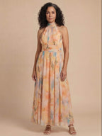 Damen-Midikleid mit Neckholder-Ausschnitt und Print
