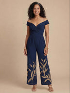 Damen Jumpsuit – Off-Shoulder Weit Geschnitten mit Stickerei für Elegante Anlässe