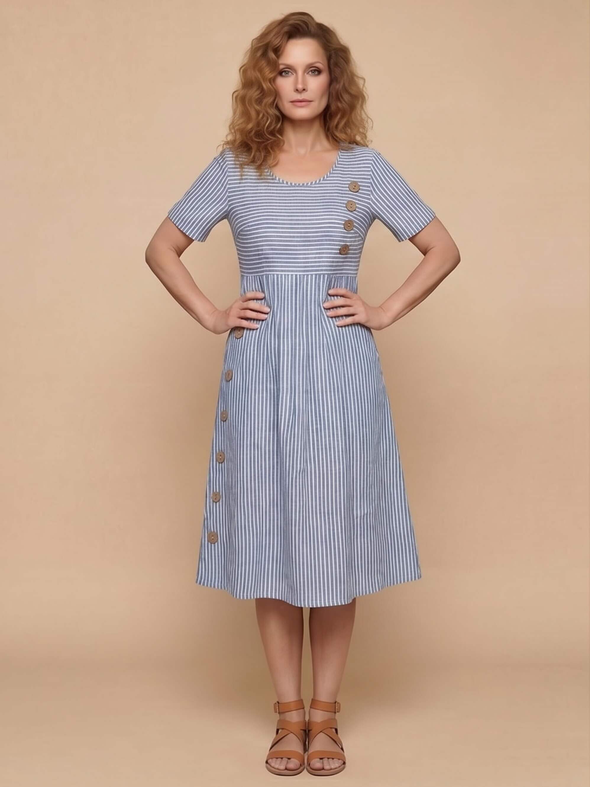 Gestreiftes Midikleid mit Knopfdetails