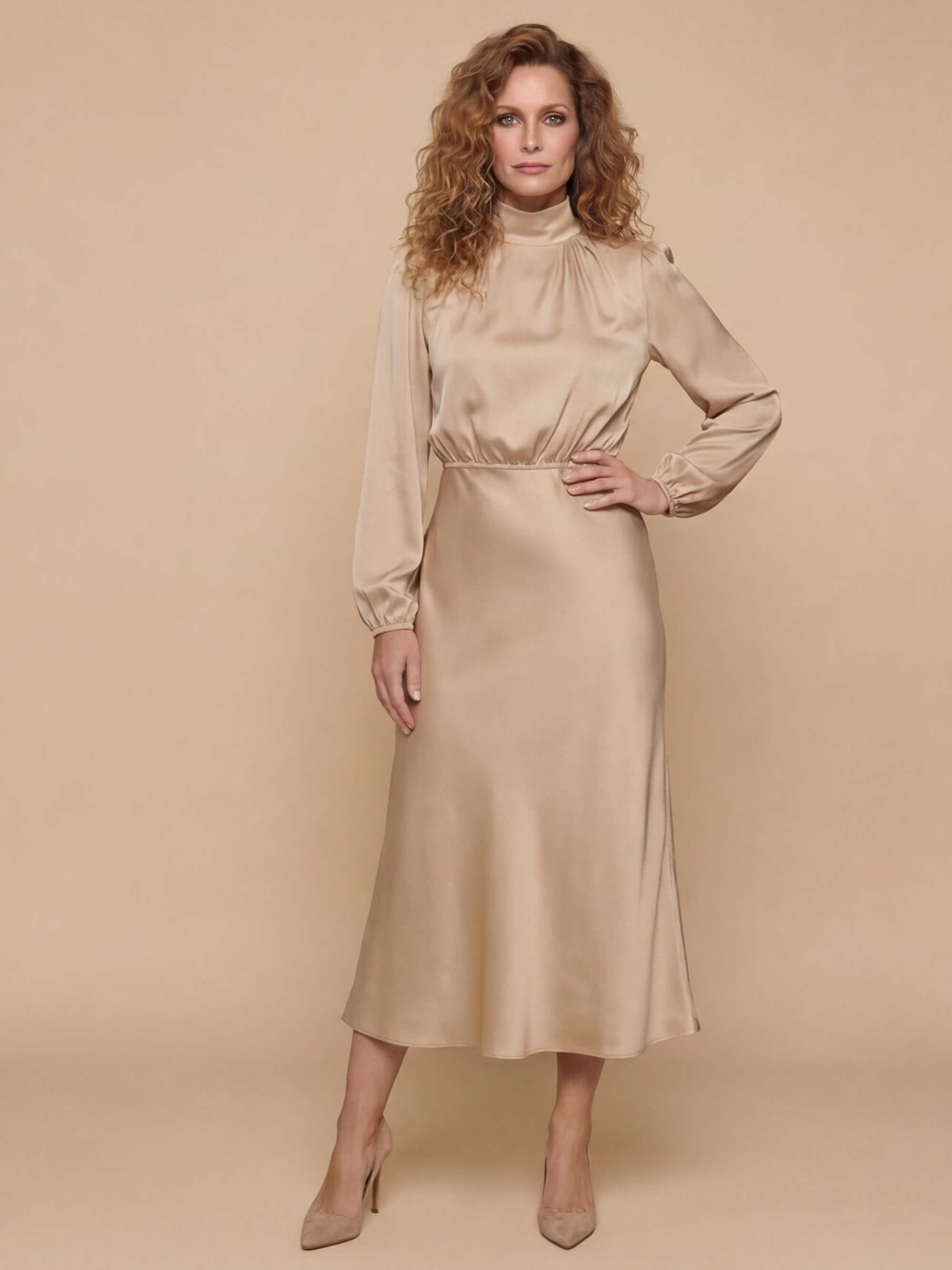 Vestido midi elegante para mujer con escote alto y mangas largas