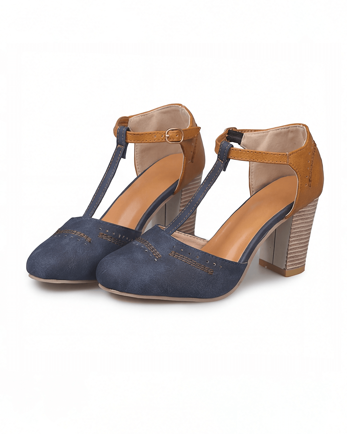 Damen Pumps mit Blockabsatz – Zweifarbige T-Riemchen