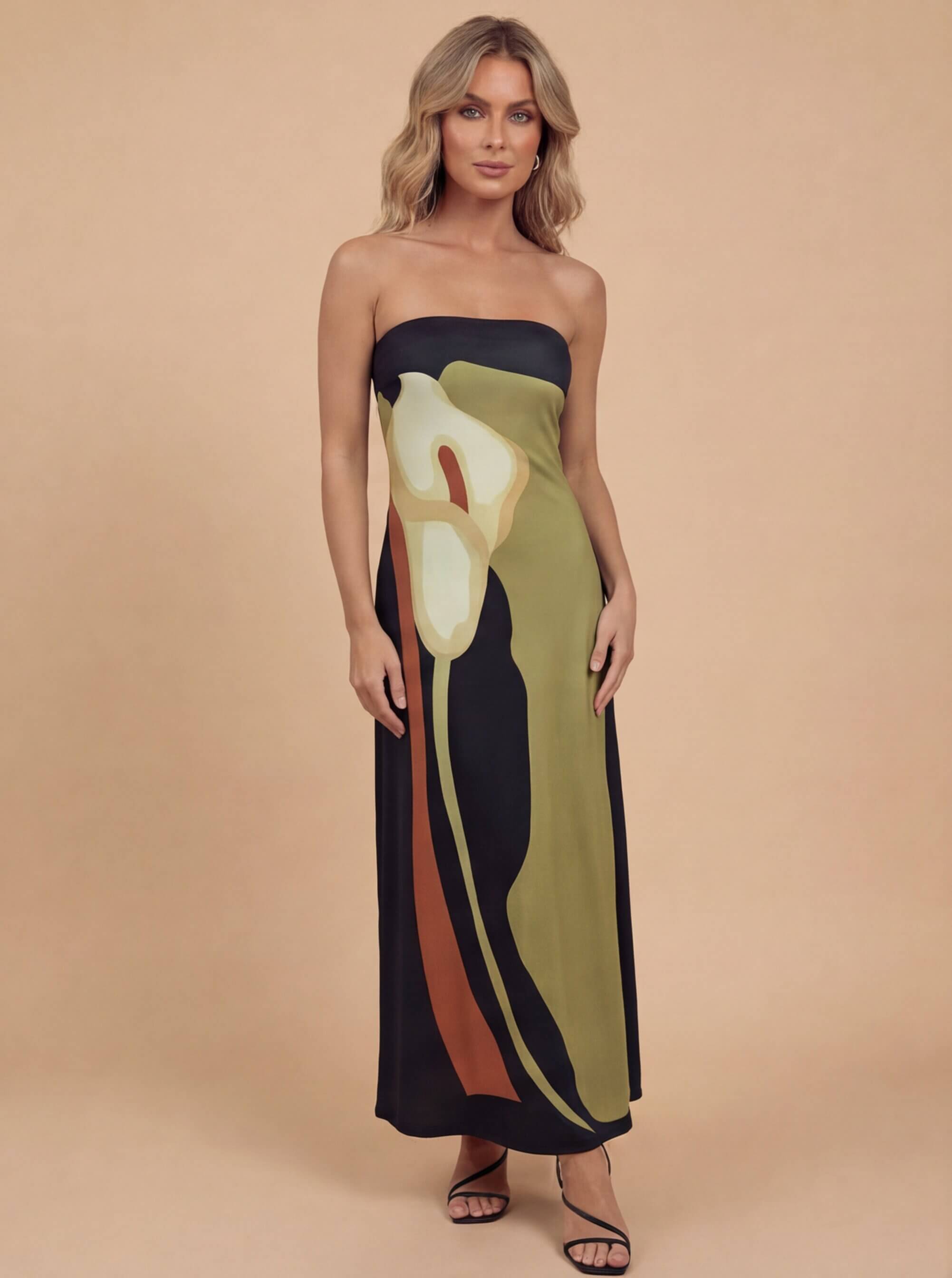 Damen Trägerloses Maxikleid mit Abstraktem Print