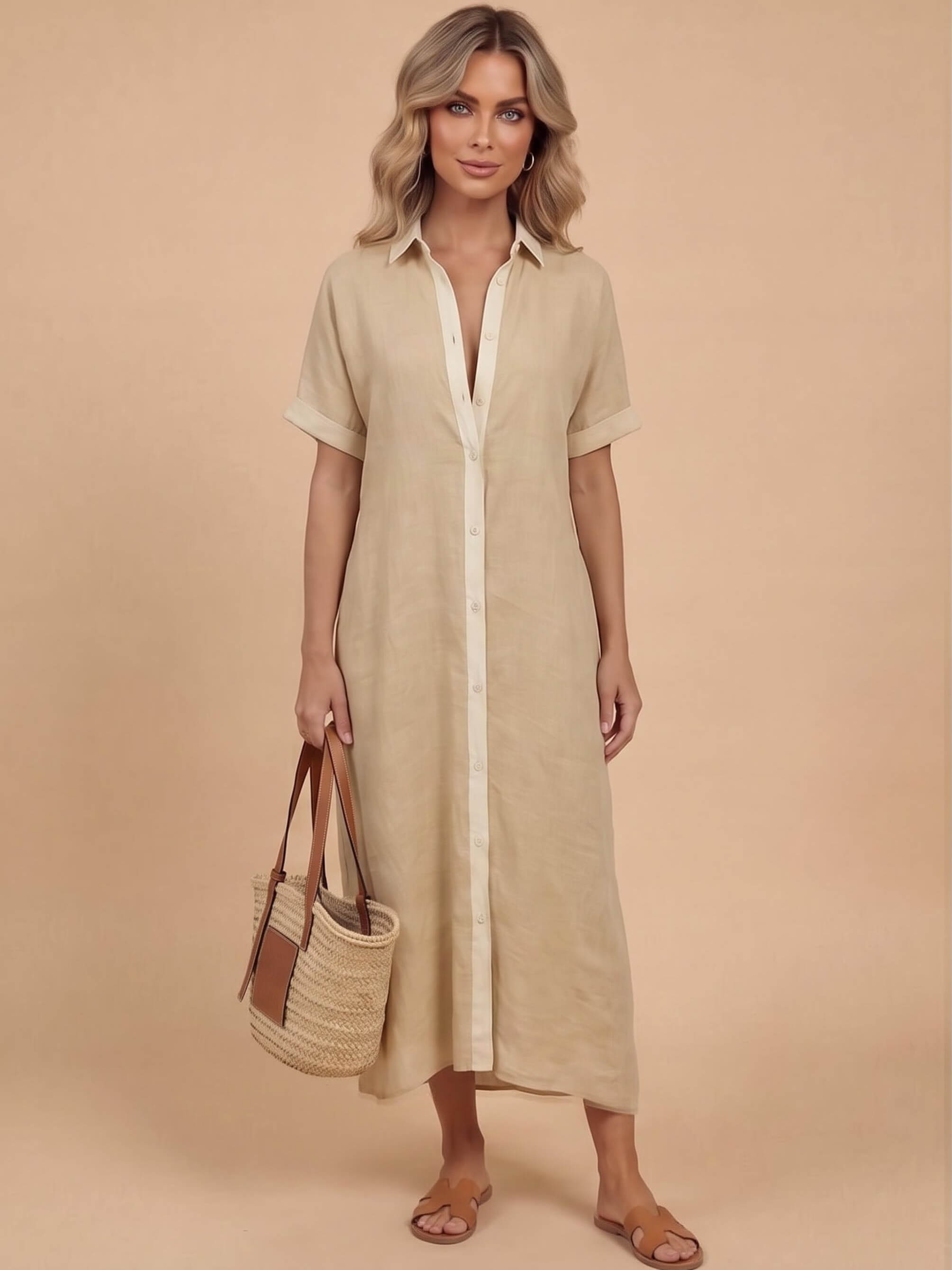 Damen-Maxi-Hemdkleid mit Knopfleiste und Kurzarm