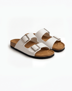 Damen Slide-Sandalen – Doppel-Schnallen mit Fußbett