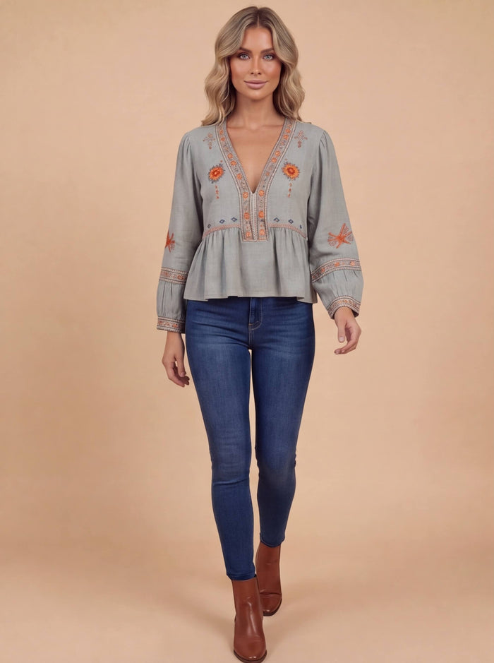 Damenbluse – Bestickte Sommerbluse mit Langen Ärmeln
