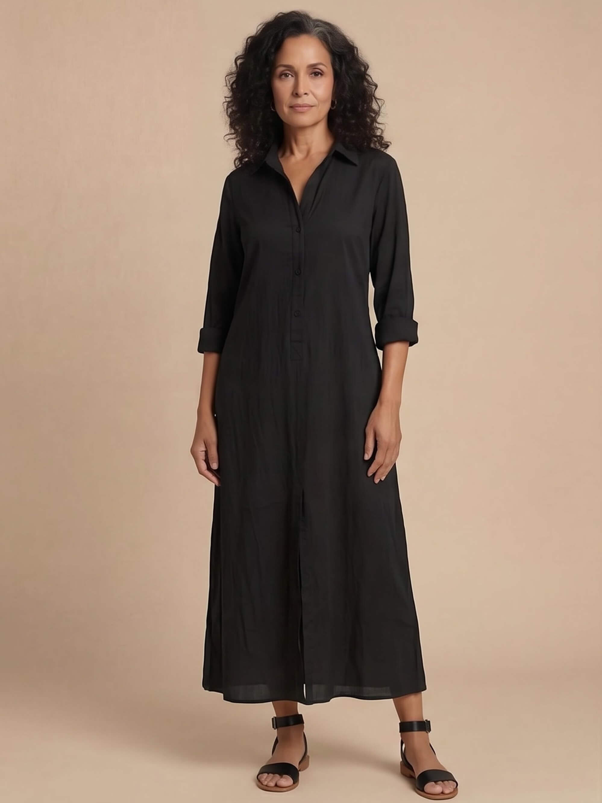 Damen-Maxi-Hemdkleid mit Kragen und Frontschlitz