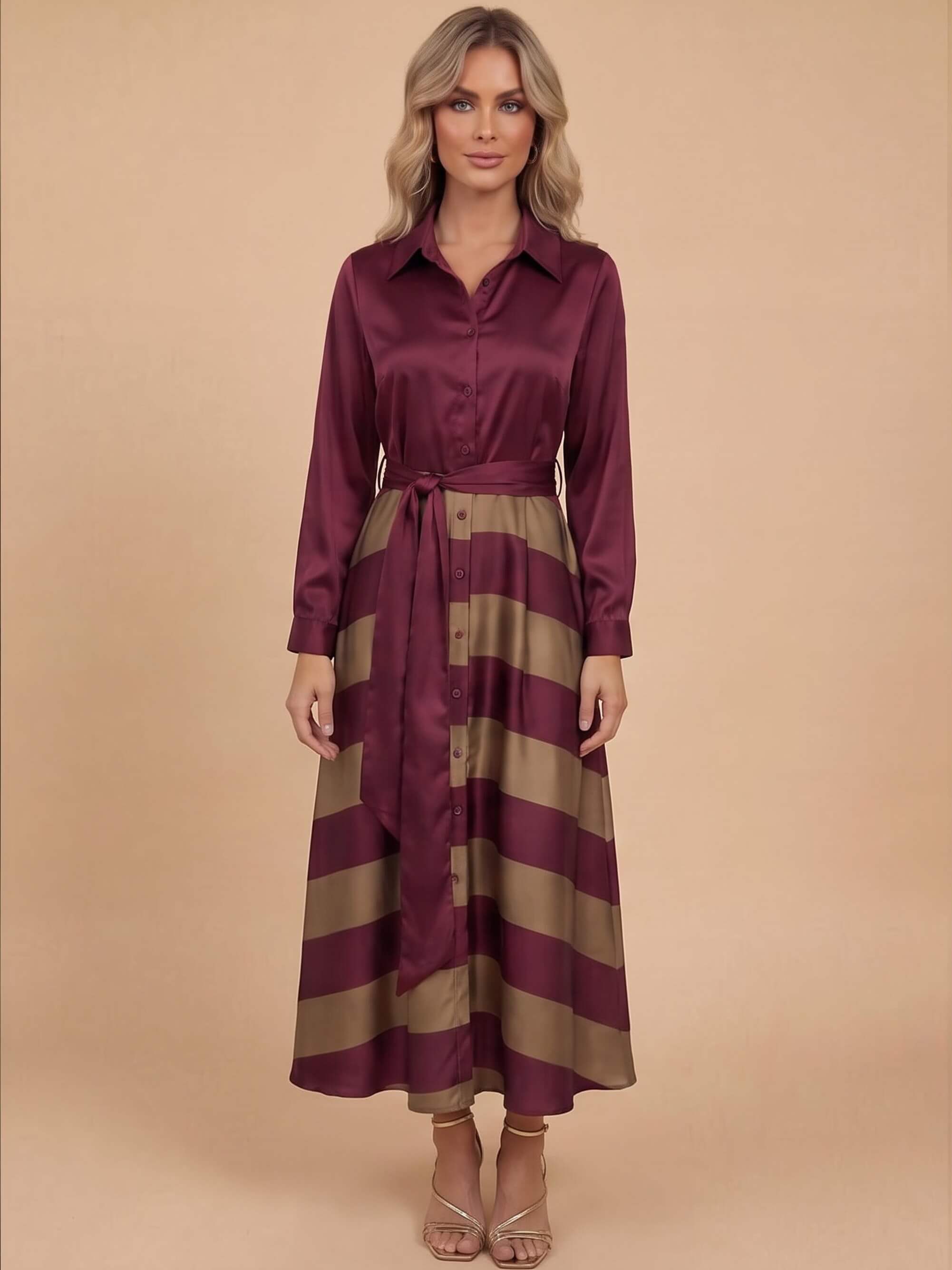 Gestreiftes Damen-Maxi-Hemdkleid mit Bindegürtel