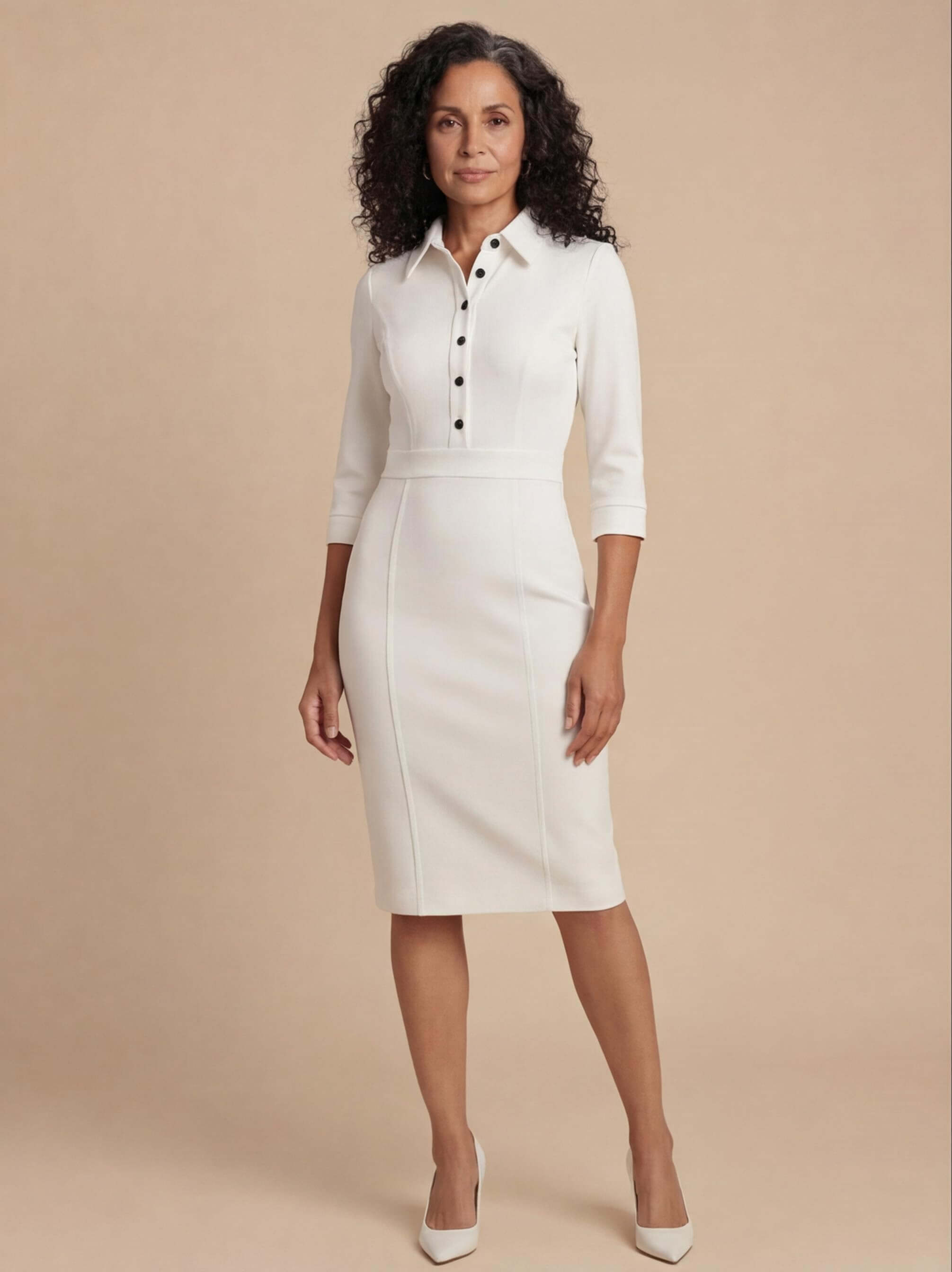 Damen Weißes Midikleid mit Knopfleiste – Taillierte Silhouette & Zeitlose Eleganz