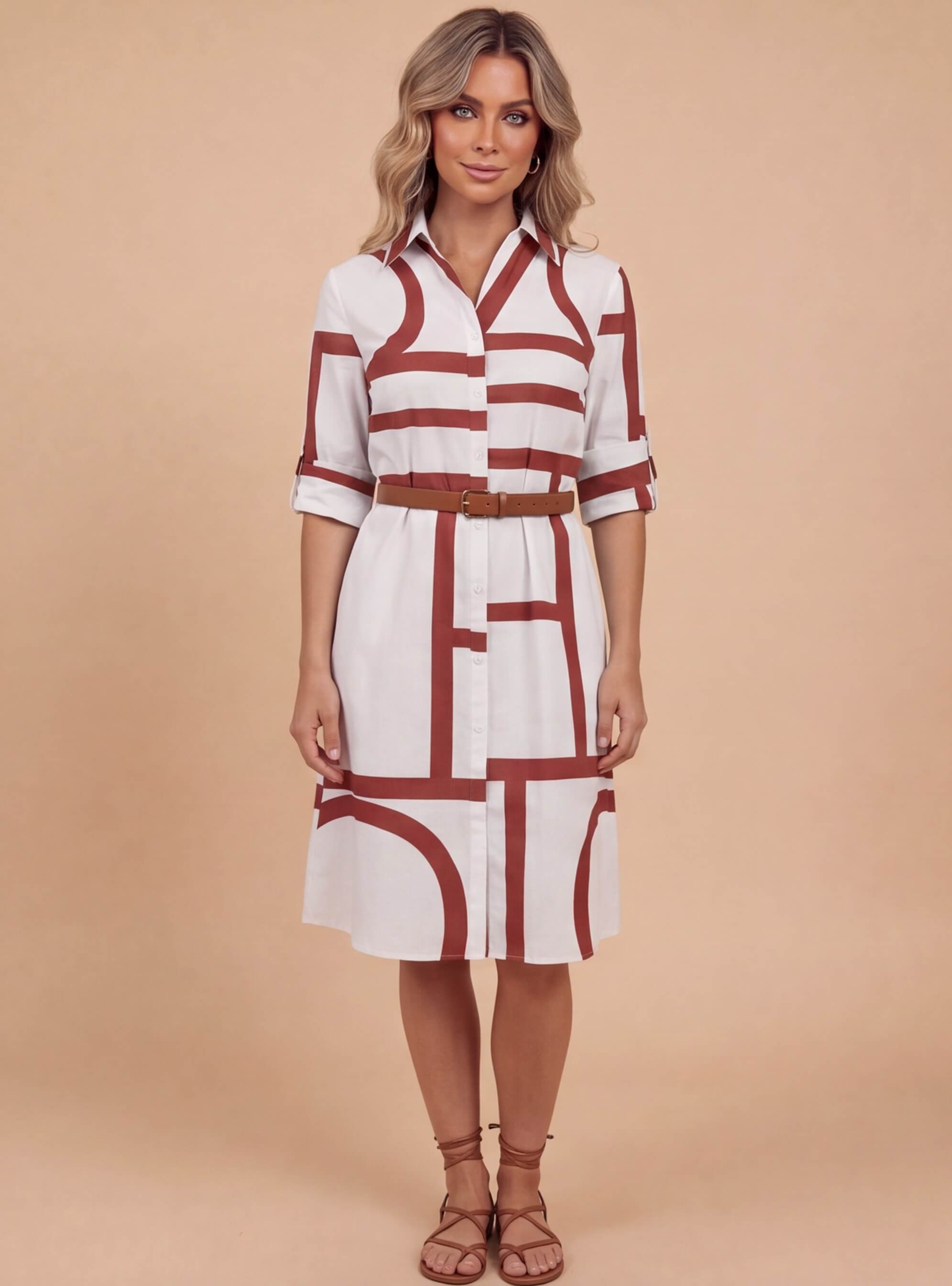 Damen Hemdblusenkleid – Geometrischer Print & Moderner Stil