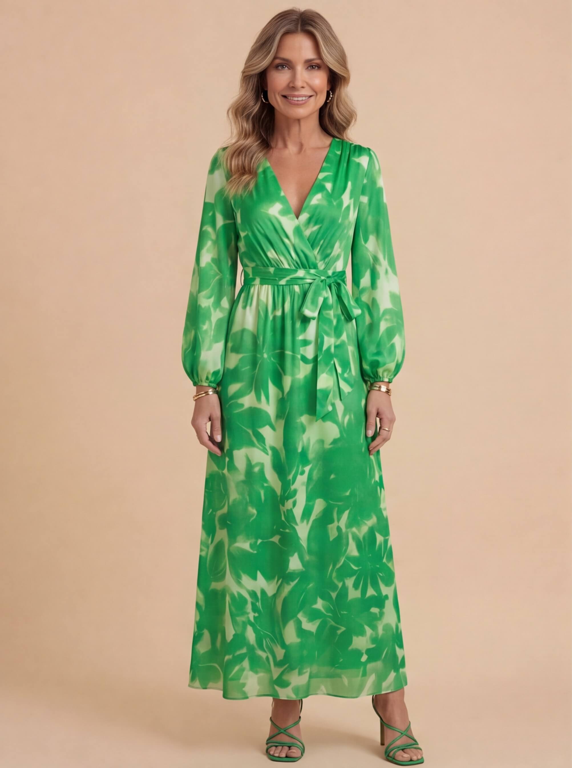 Damen Satin Maxikleid mit Tiefem V-Ausschnitt und Langen Ärmeln