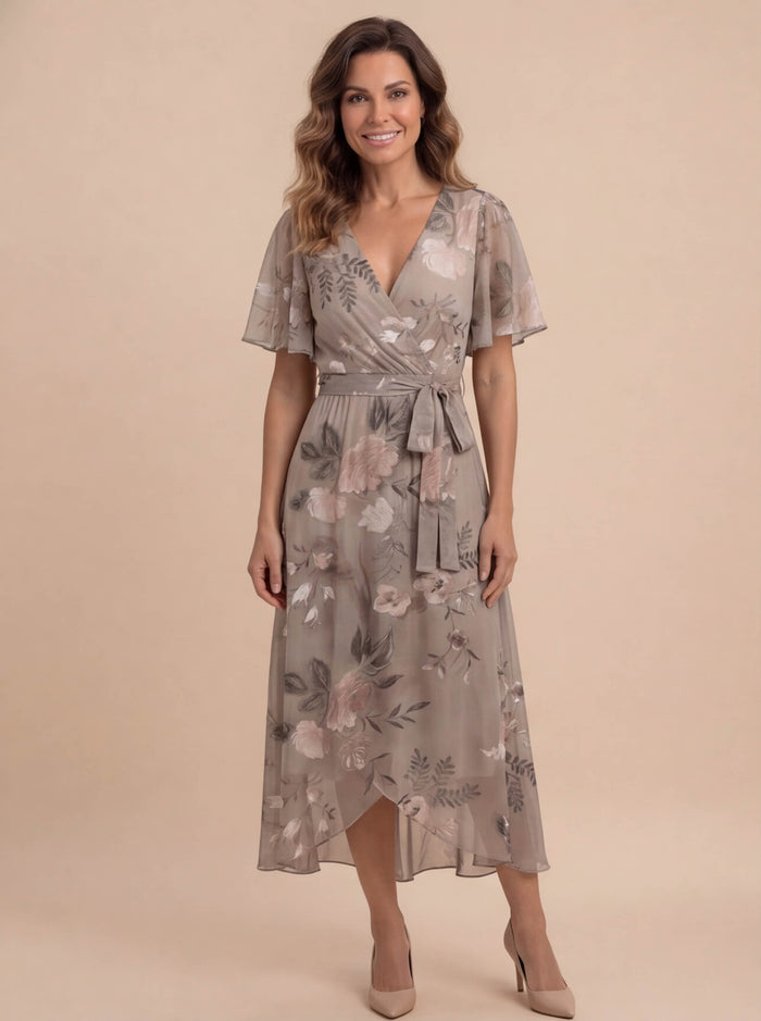 Damen-Blumen-Midikleid mit V-Ausschnitt
