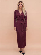 Damen Satin Wickel Midikleid mit Taillenband