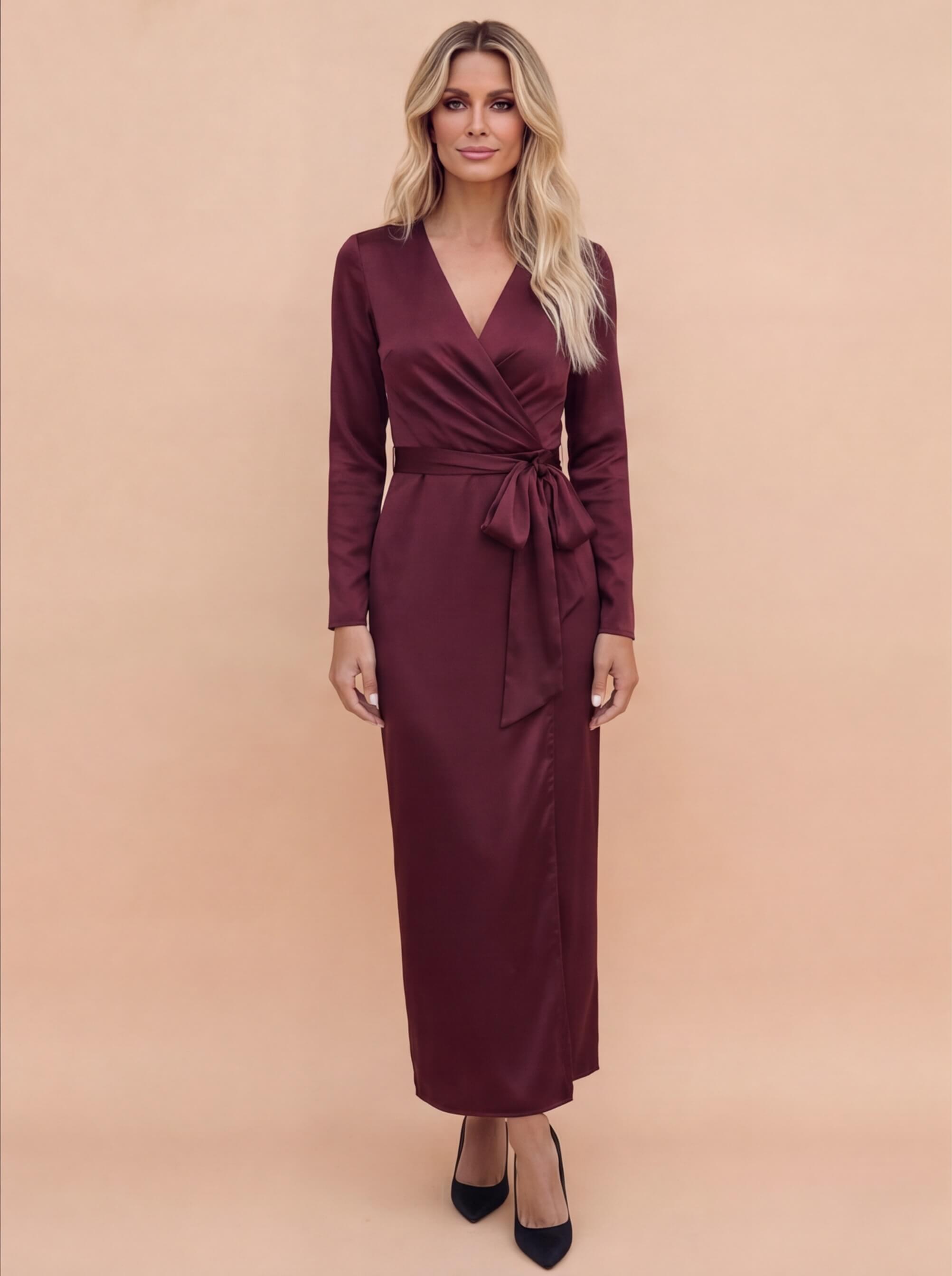 Damen Satin Wickel Midikleid mit Taillenband