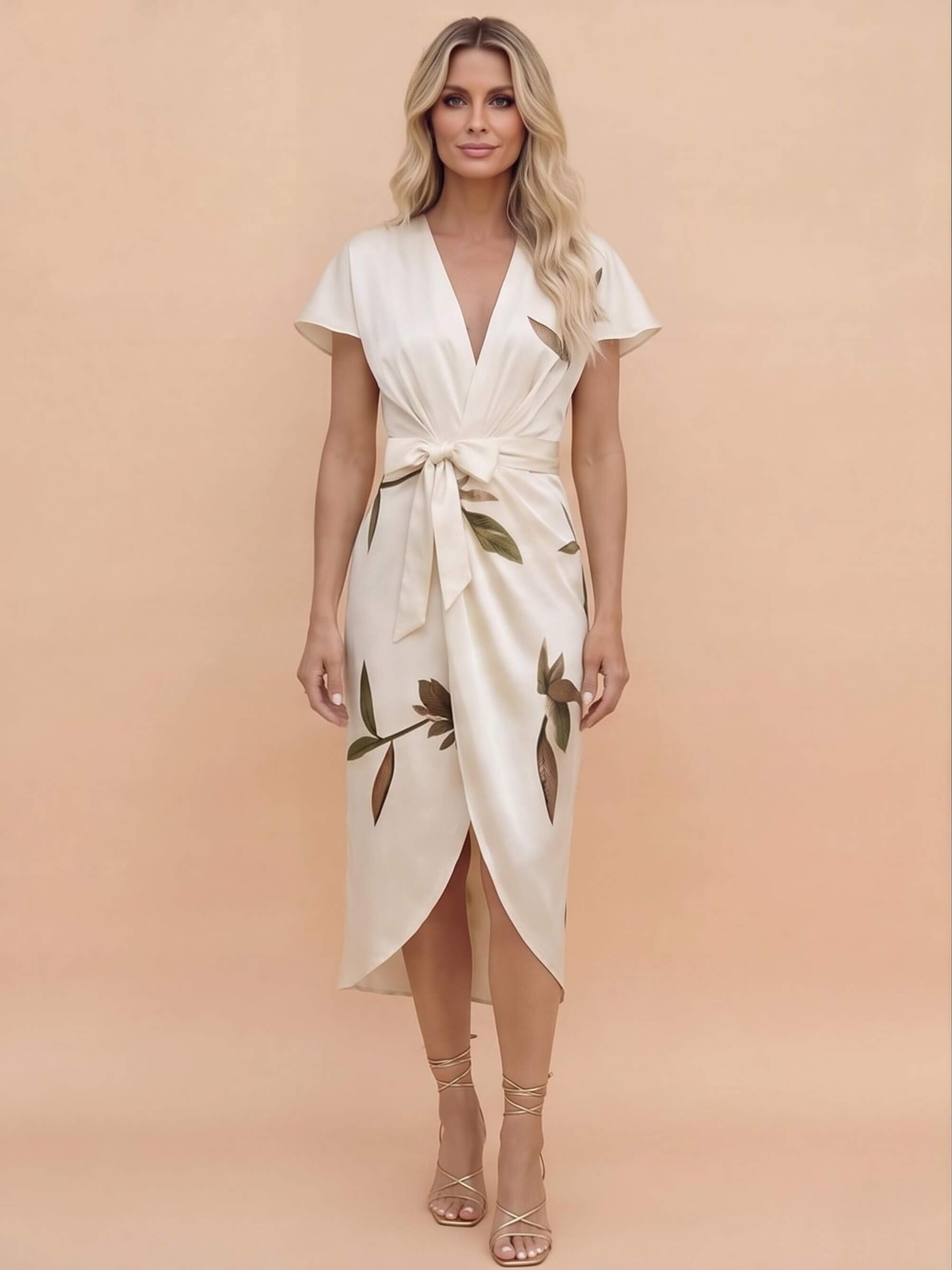 Damen-Wickelkleid mit Blättermuster und Bindegürtel