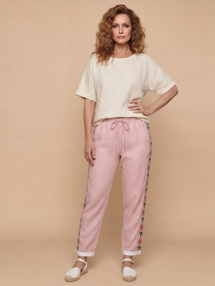 Damenhose mit floralem Seitenstreifen und Tunnelzug