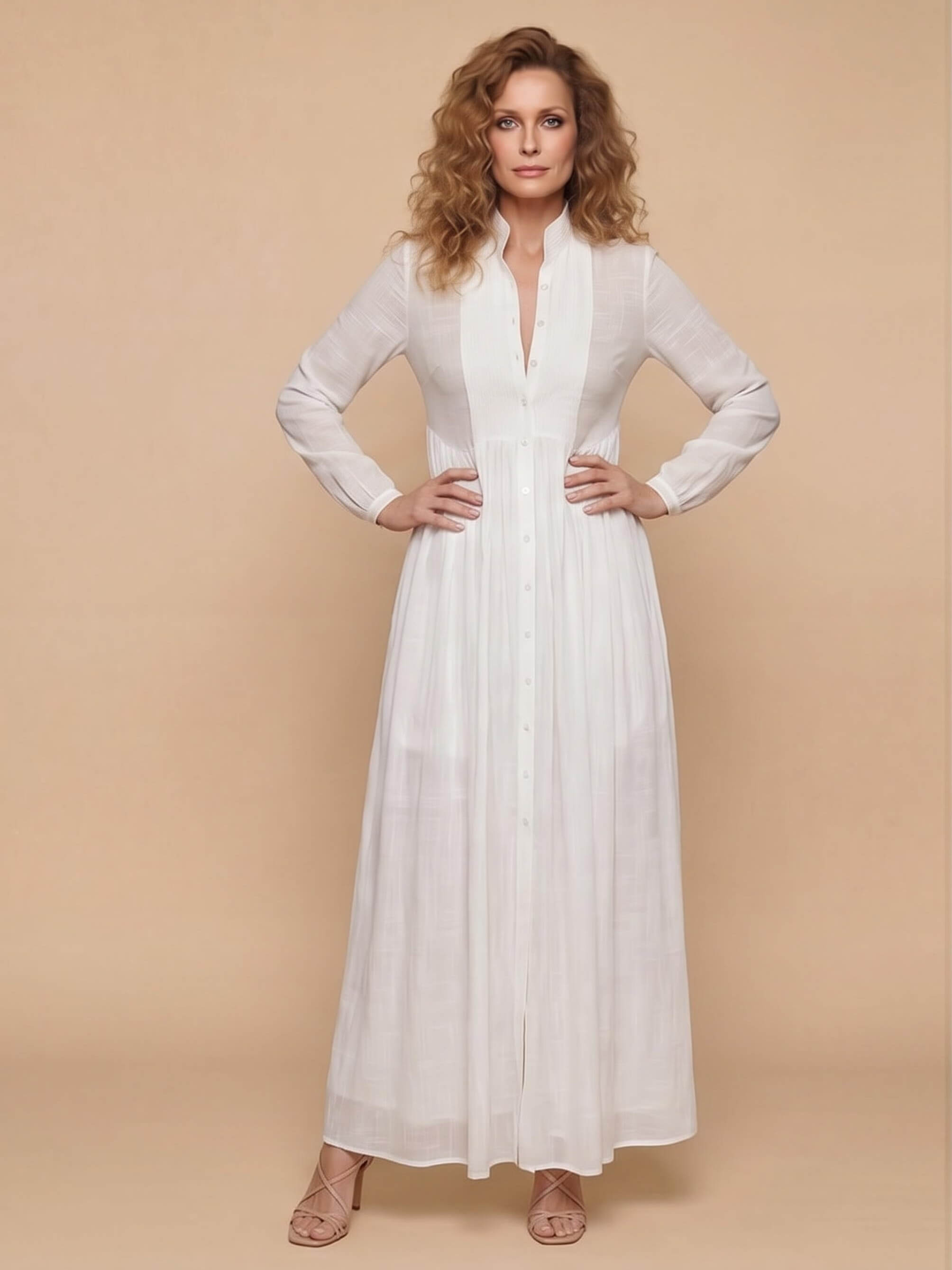 Damen-Maxi-Hemdkleid mit Knopfleiste und Falten