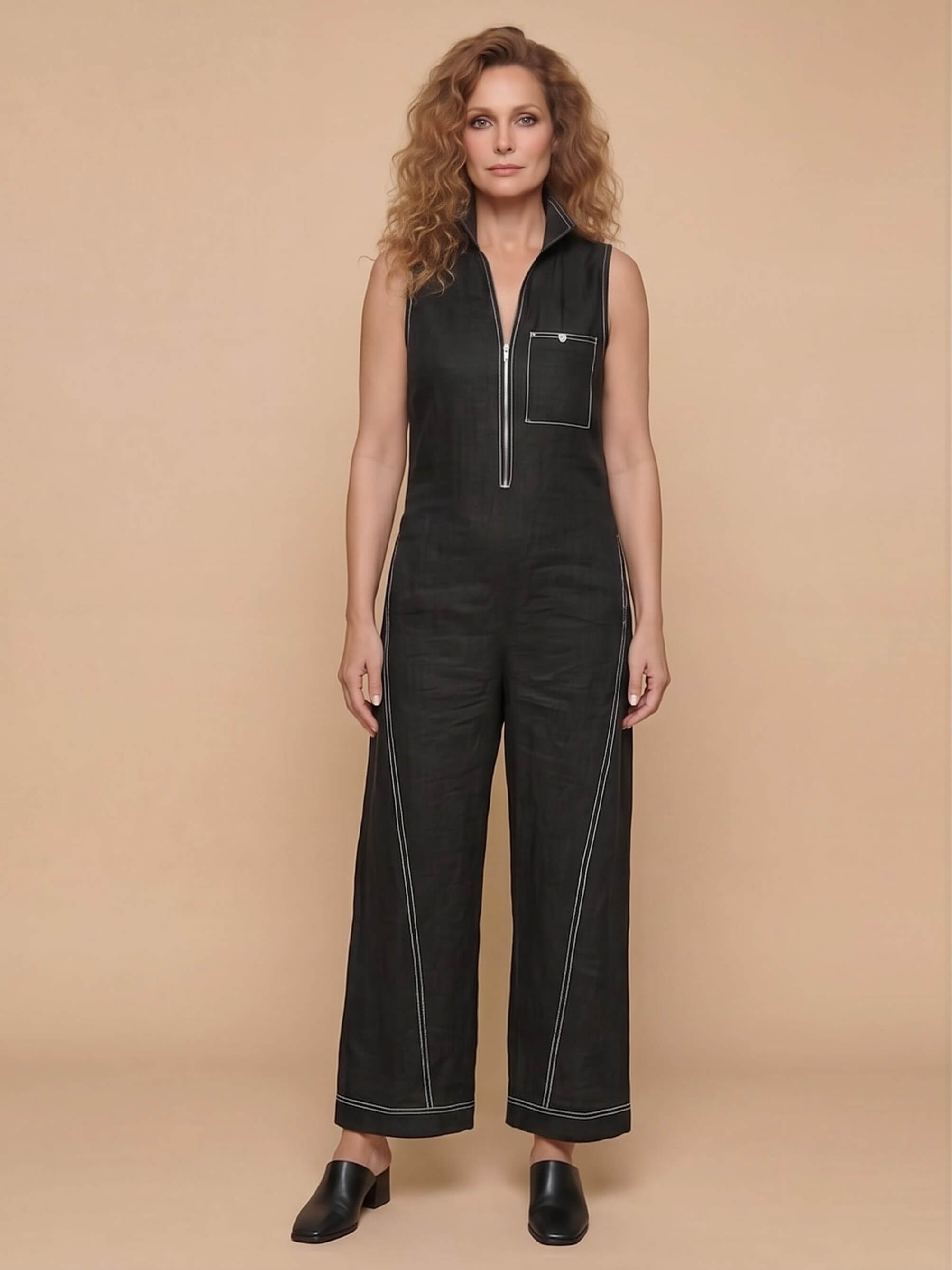 Ärmelloser Damen-Jumpsuit mit Reißverschluss und weitem Bein