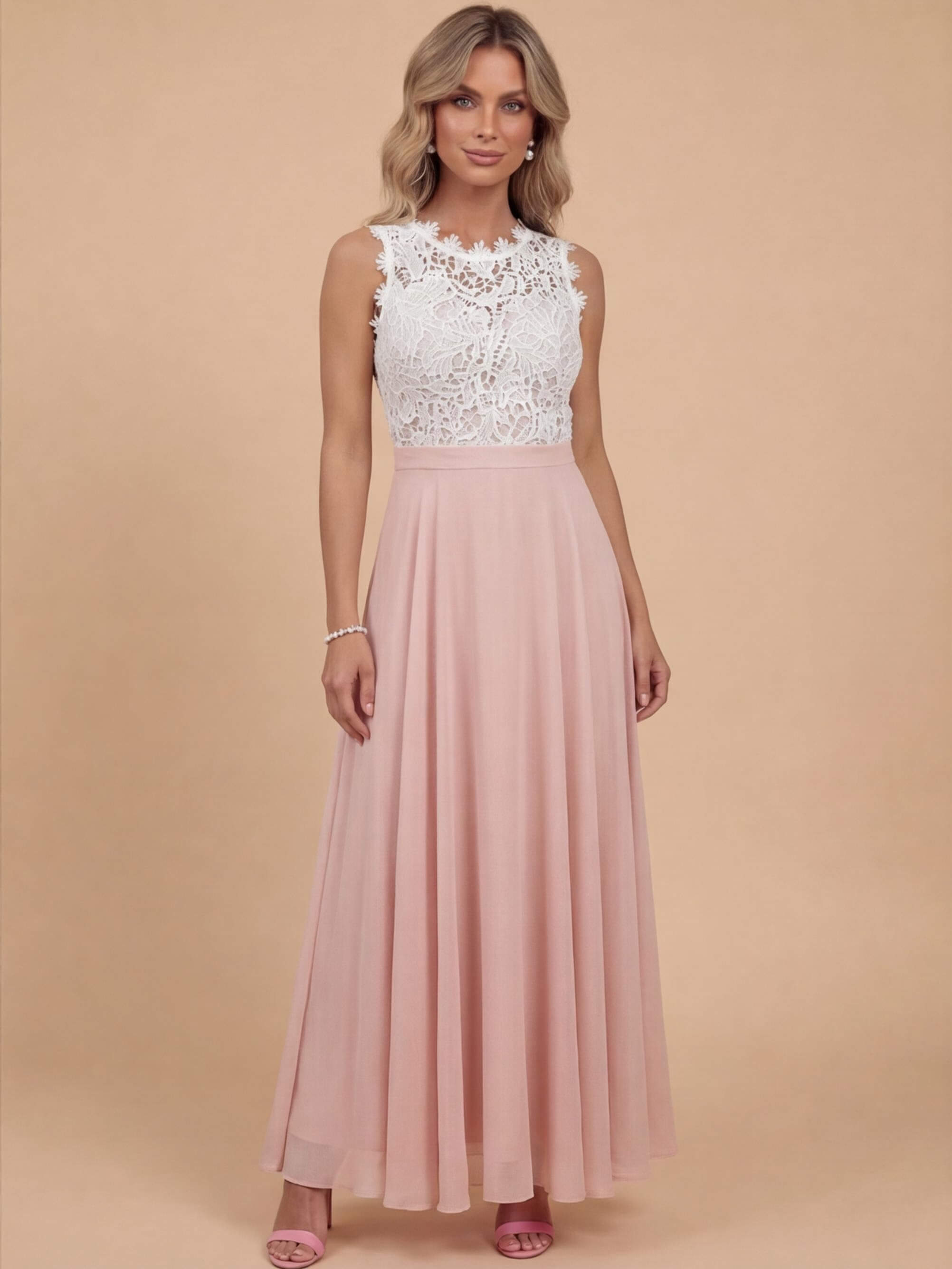 Ärmelloses Damen Maxi-Kleid mit Spitzenoberteil und Chiffonrock