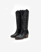 Botas altas hasta la rodilla para mujer con tacón: bordado vaquero