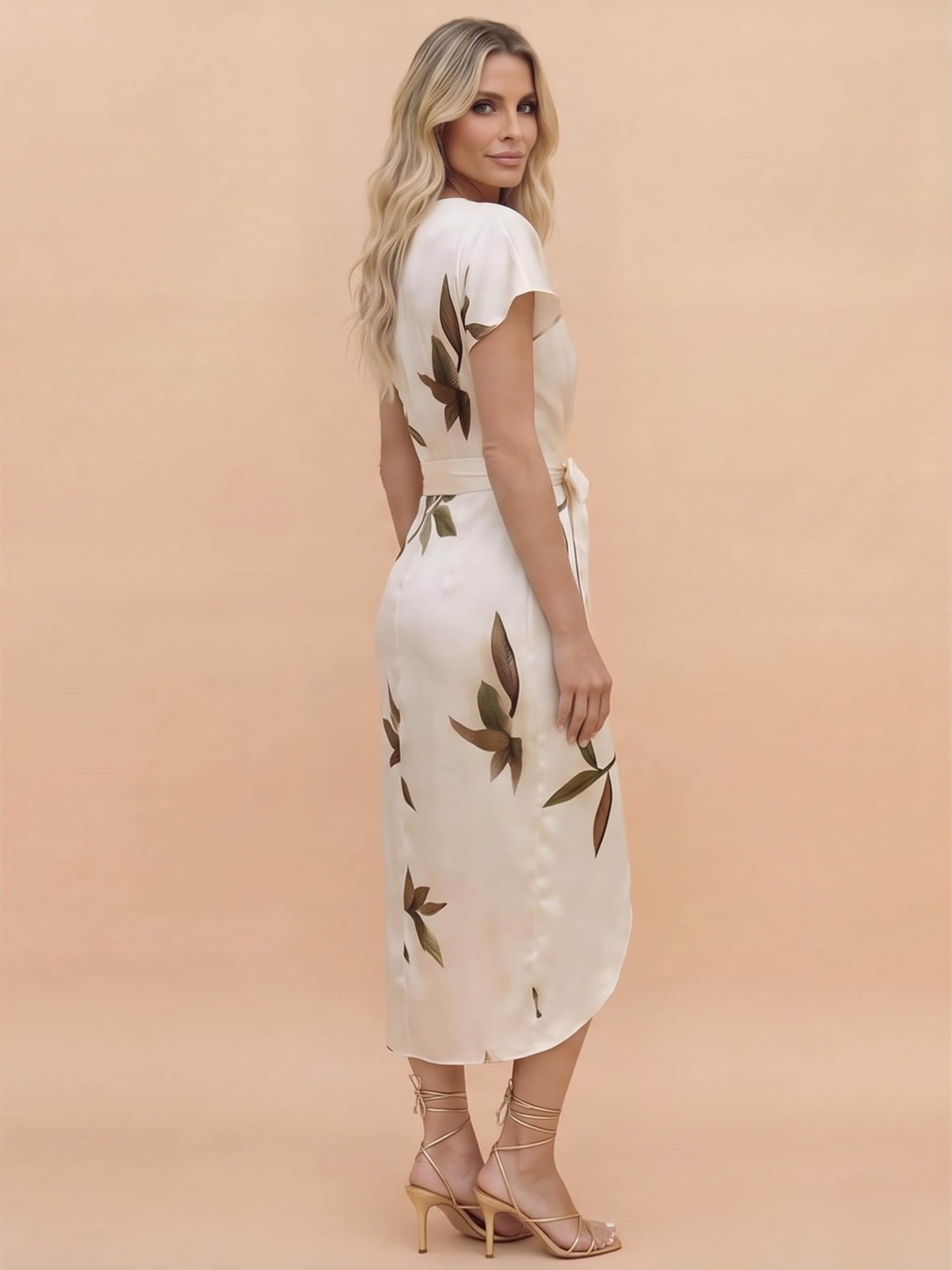 Damen-Wickelkleid mit Blättermuster und Bindegürtel