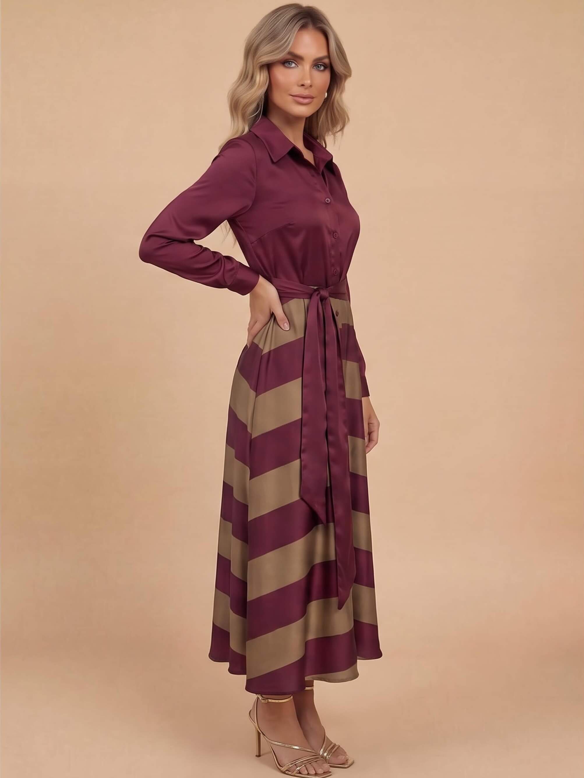 Gestreiftes Damen-Maxi-Hemdkleid mit Bindegürtel