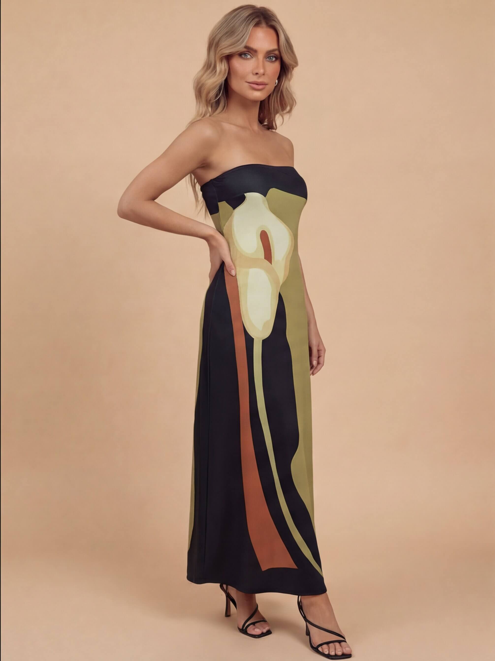 Damen Trägerloses Maxikleid mit Abstraktem Print
