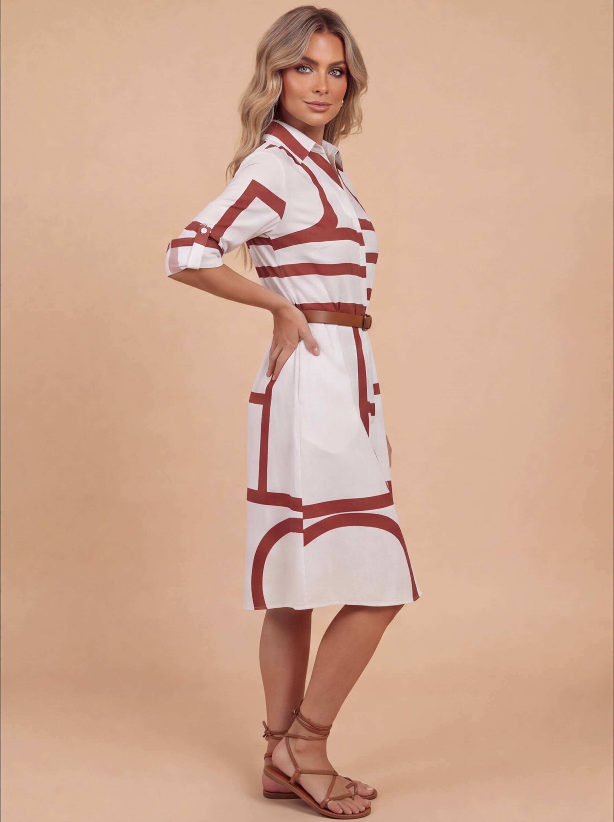 Damen Hemdblusenkleid – Geometrischer Print & Moderner Stil