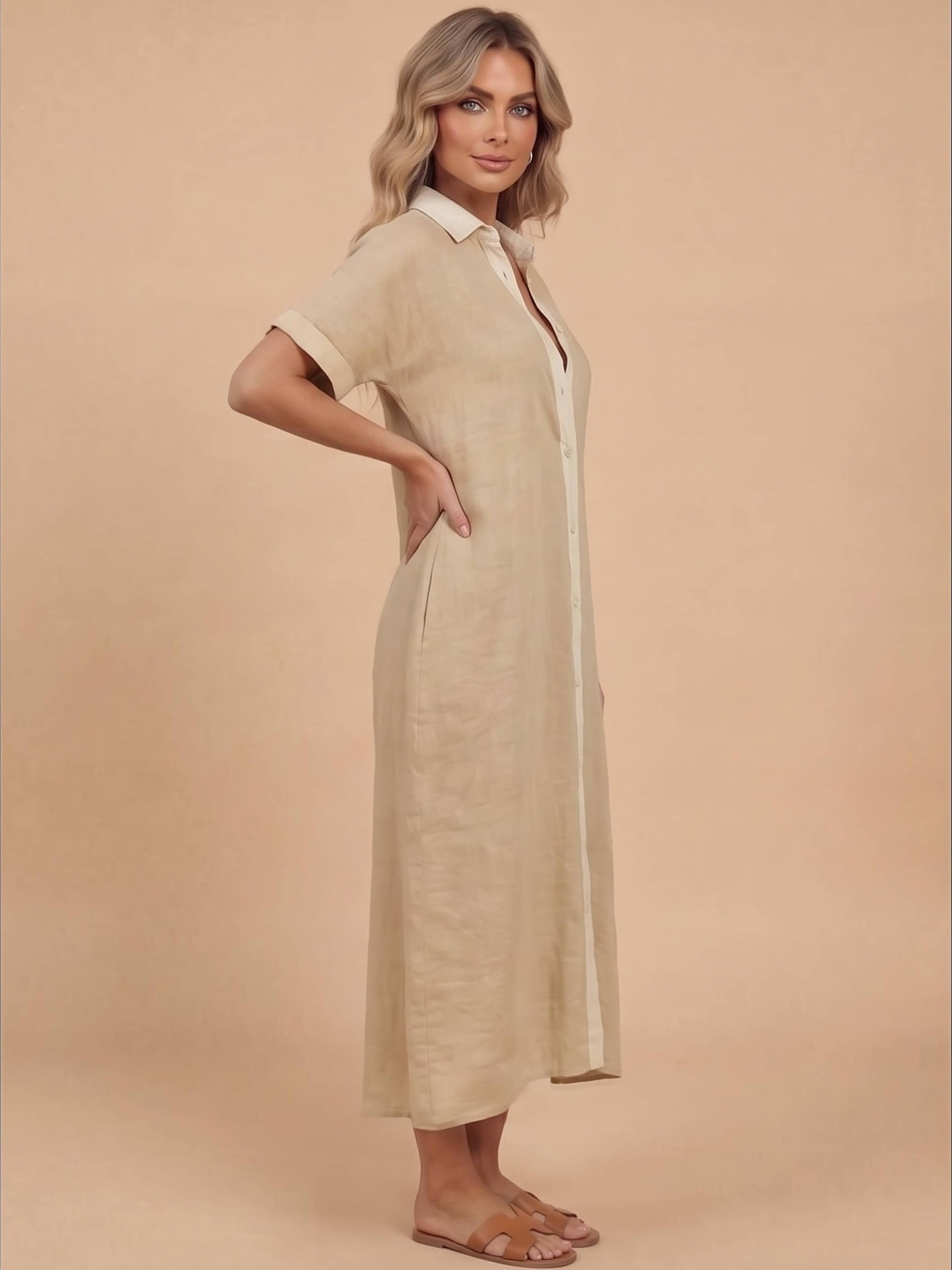Damen-Maxi-Hemdkleid mit Knopfleiste und Kurzarm