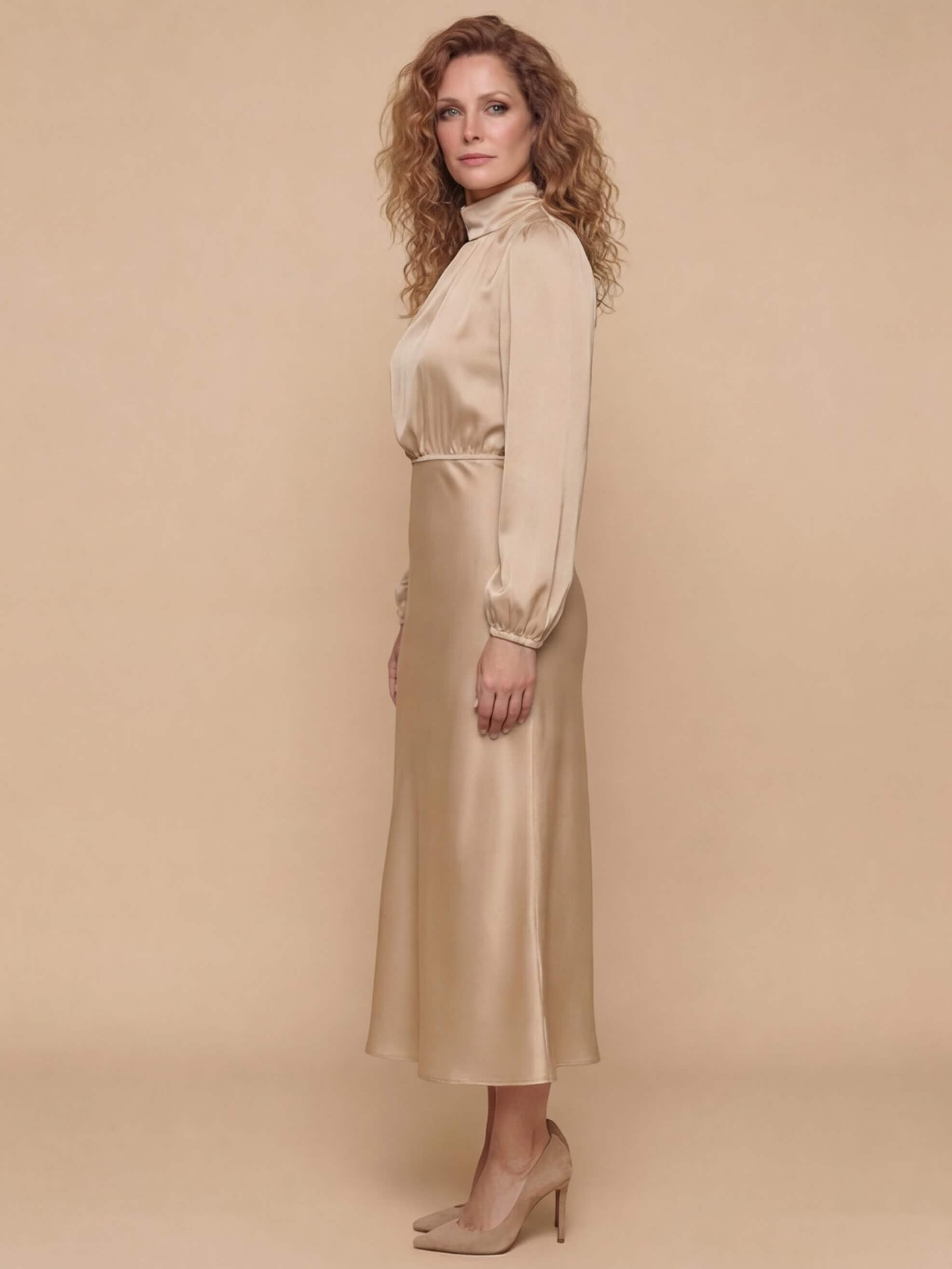Vestido midi elegante para mujer con escote alto y mangas largas