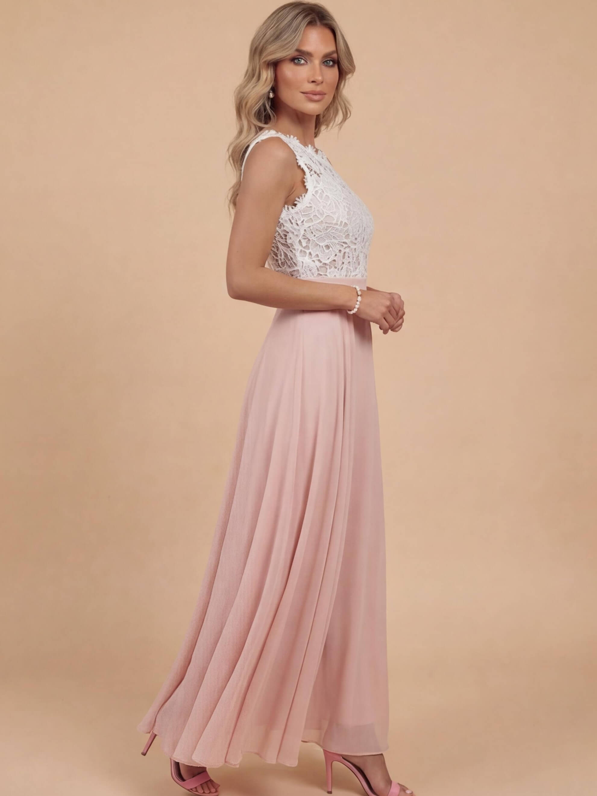 Ärmelloses Damen Maxi-Kleid mit Spitzenoberteil und Chiffonrock