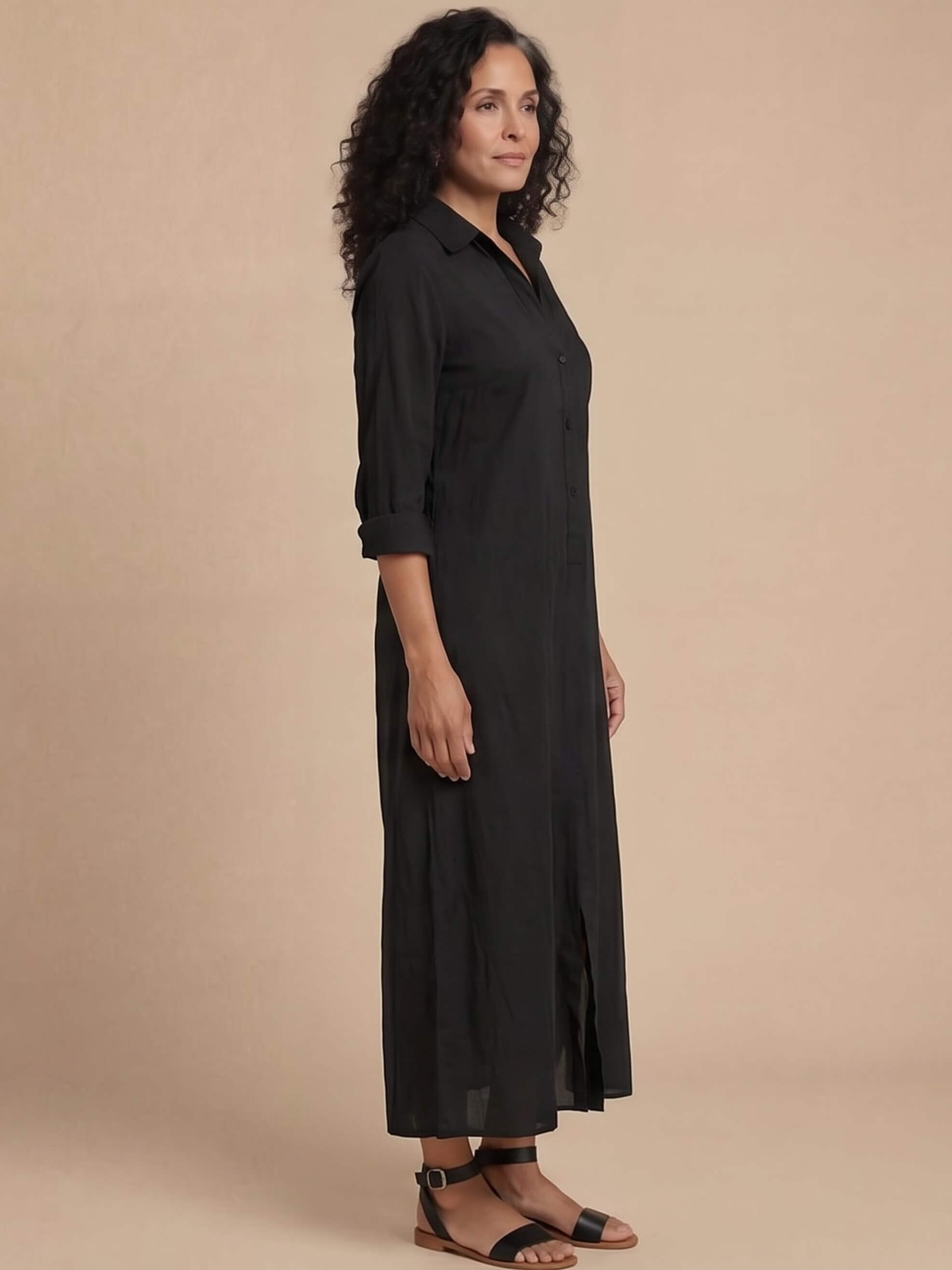 Damen-Maxi-Hemdkleid mit Kragen und Frontschlitz