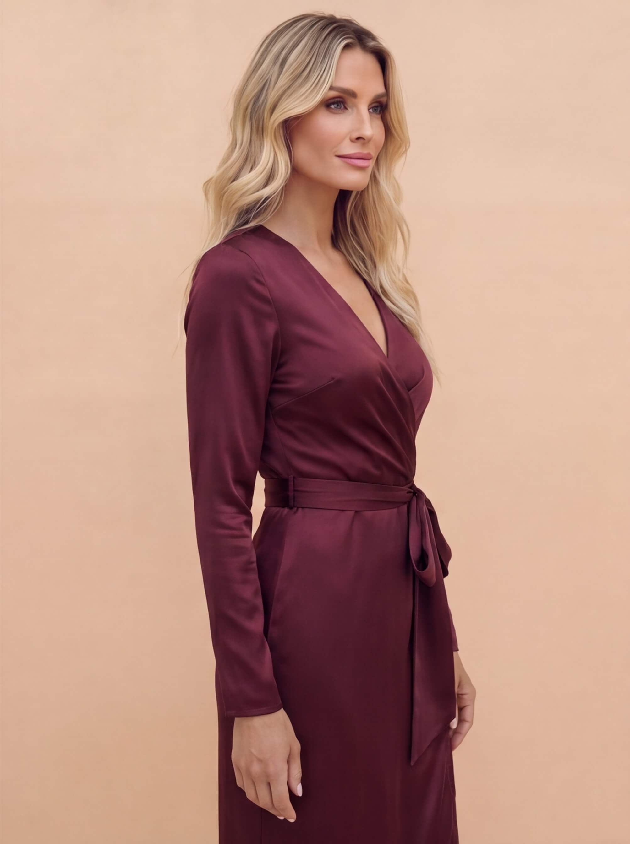 Damen Satin Wickel Midikleid mit Taillenband