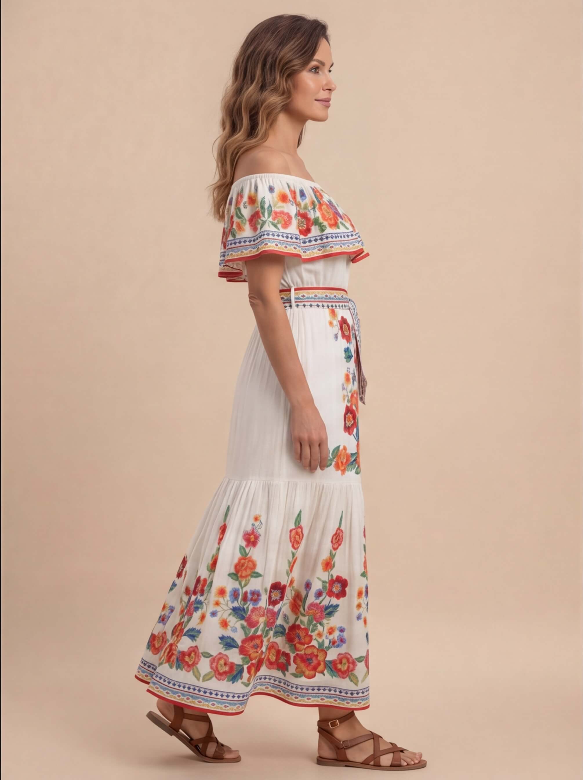 Damen Off-Shoulder Maxikleid mit Blumenmuster