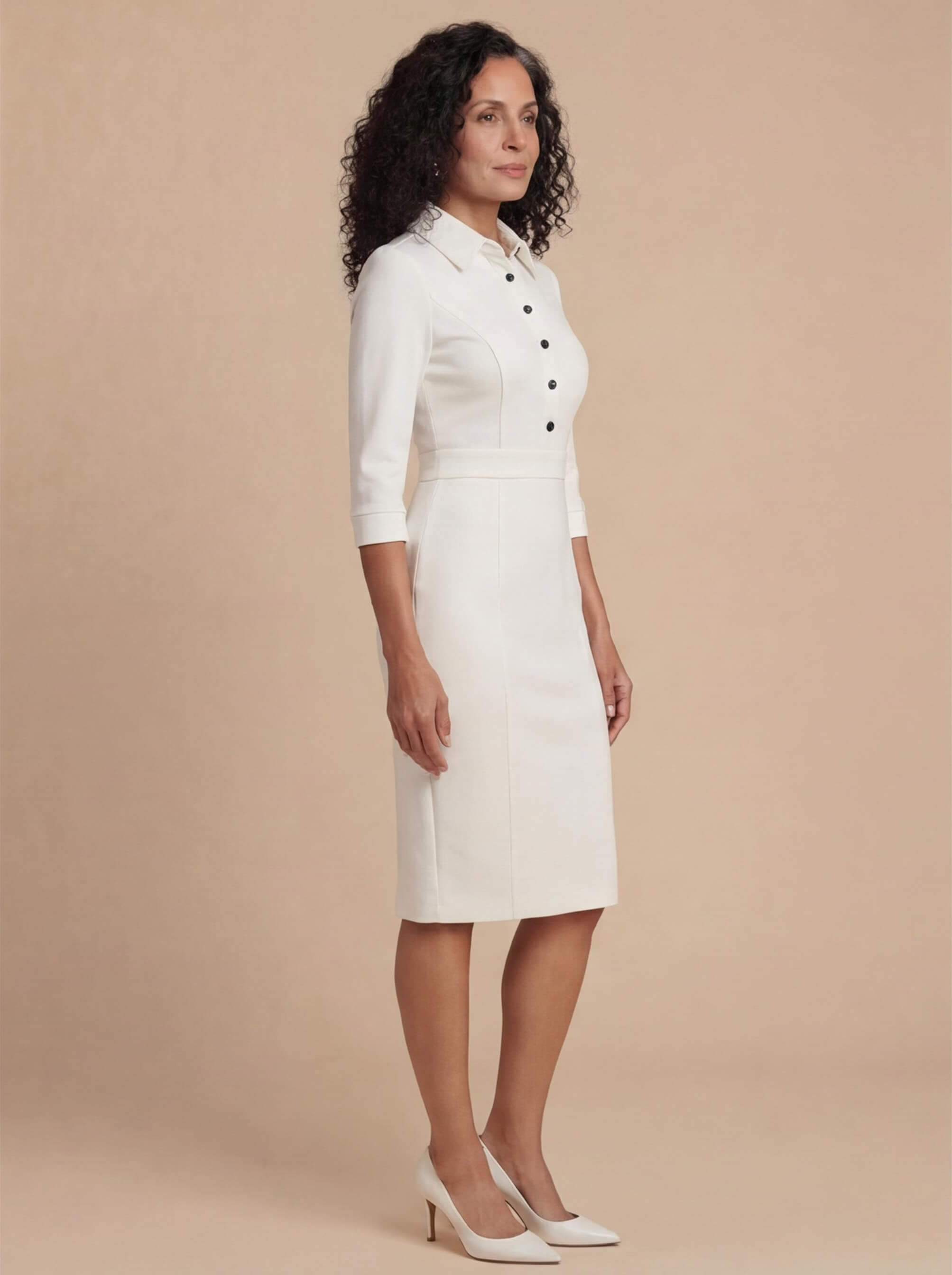 Damen Weißes Midikleid mit Knopfleiste – Taillierte Silhouette & Zeitlose Eleganz