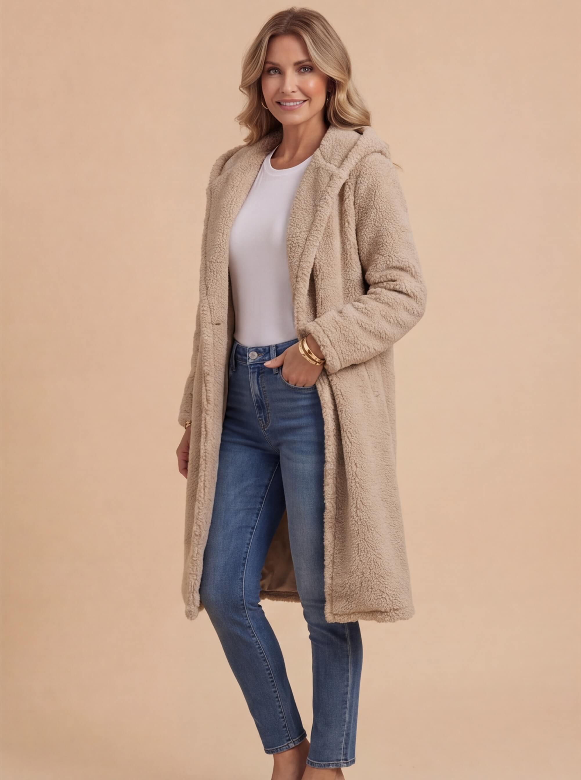 Damen Langer Teddy Mantel - Mit Kapuze & Kuschelweich
