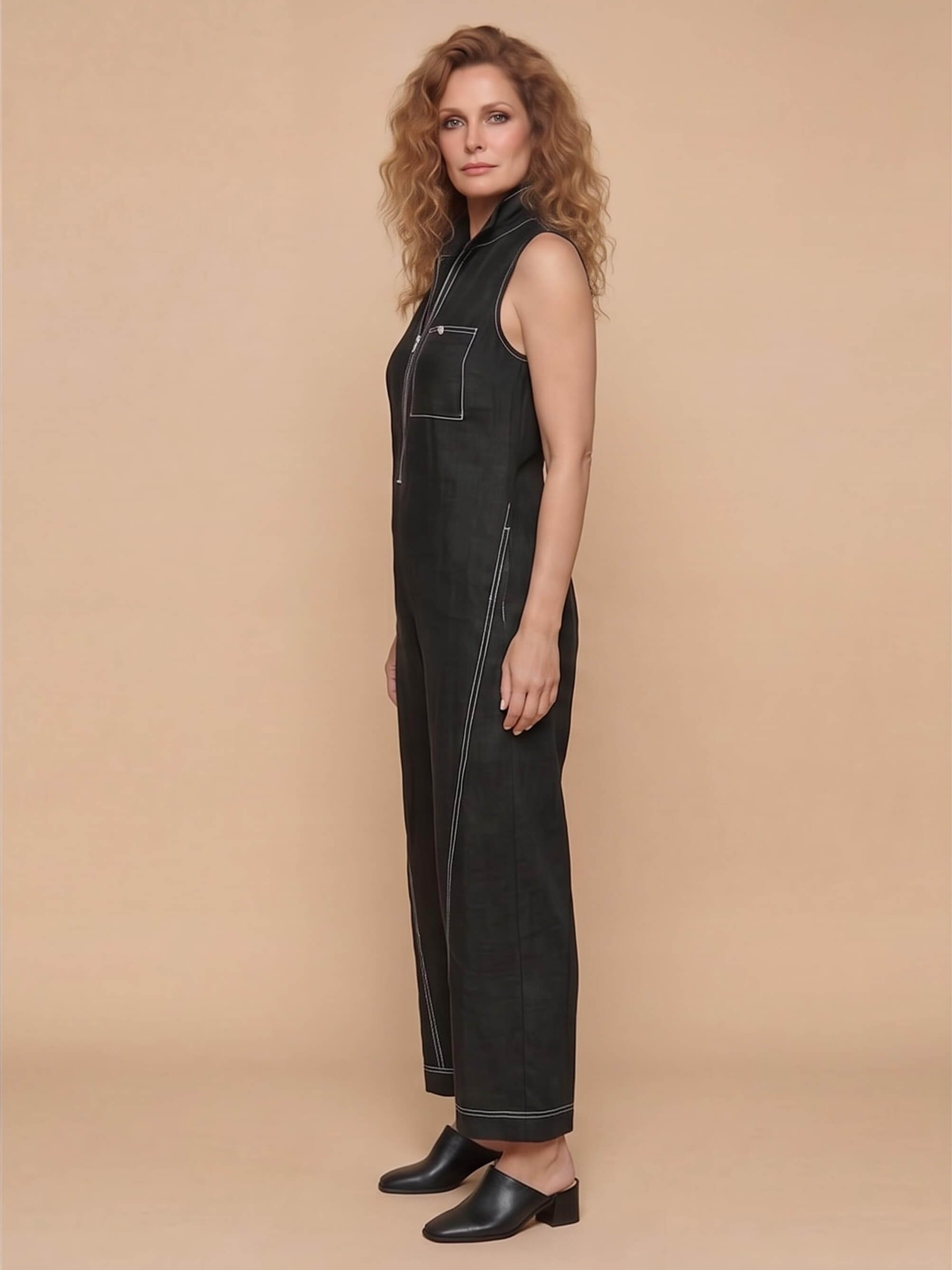 Ärmelloser Damen-Jumpsuit mit Reißverschluss und weitem Bein
