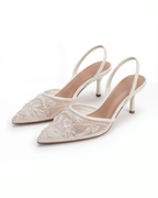 Damen Kitten-Heels Slingbacks – Elfenbein mit Stickerei